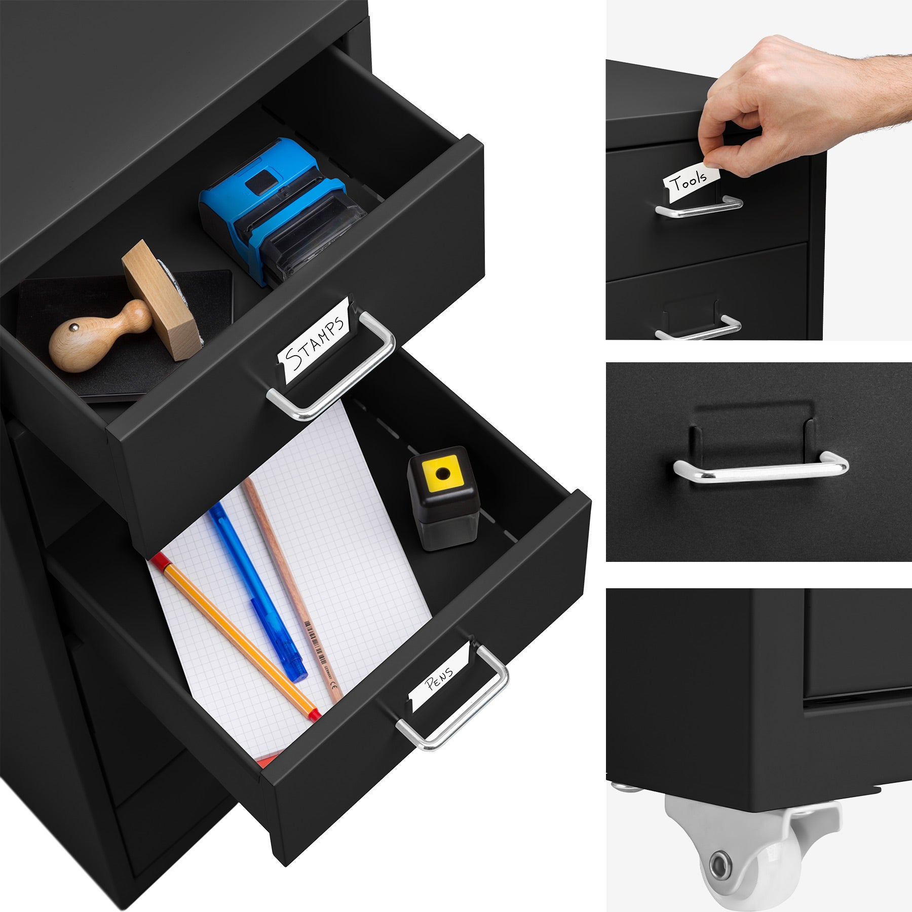 Caisson de bureau à roulettes en métal en acier avec 6 tiroirs noir - 3