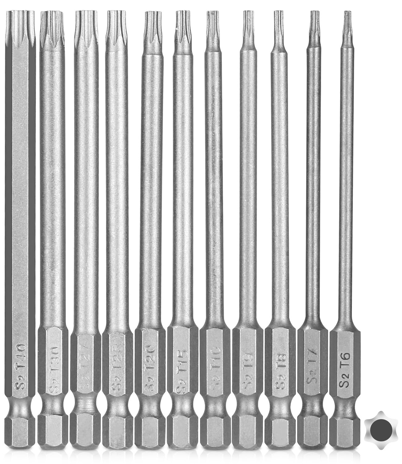 Magnetyczne końcówki do śrubokrętów Torx 1/4" x 100 mm, trzpienie sześciokątne 1/4", rozmiary od T6 do T40 (11 sztuk)