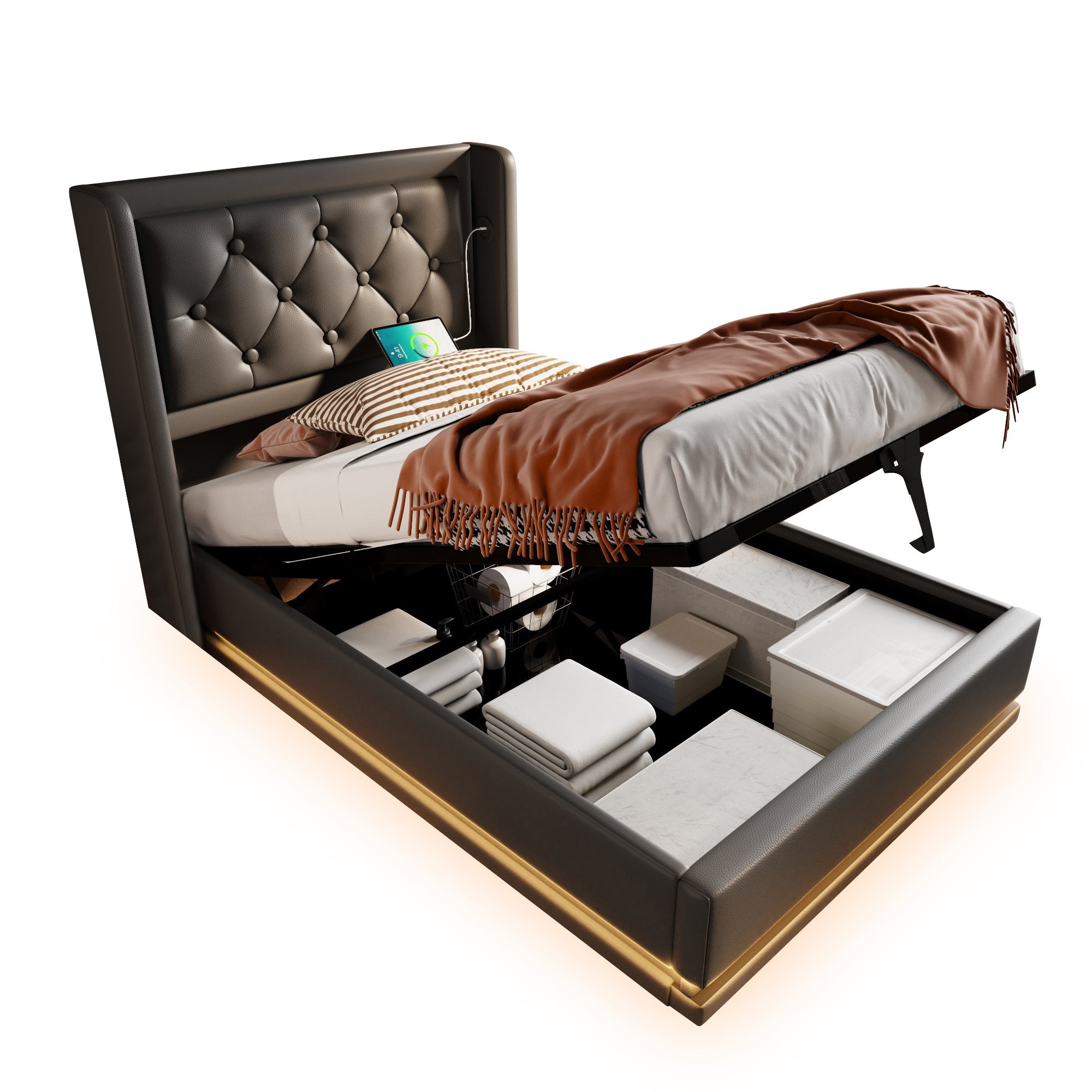 Letto Singolo 90x200 Imbottito Con Luci LED E Porte USB: Contenitore Idraulico Beige - 3