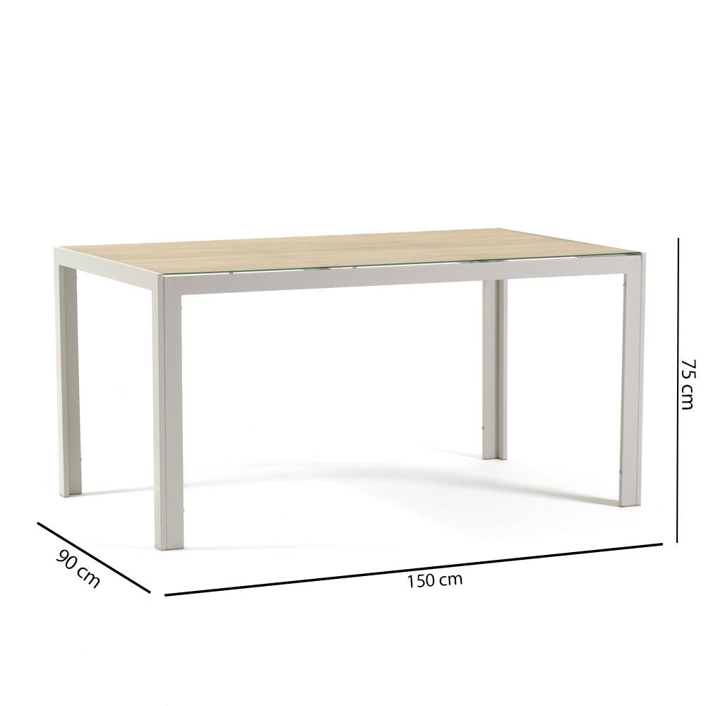 Mesa rectangular fija de 150x90 cm con estructura de aluminio y tapa de vidrio decorado Milo para interior/exterior madera/blanco - 7