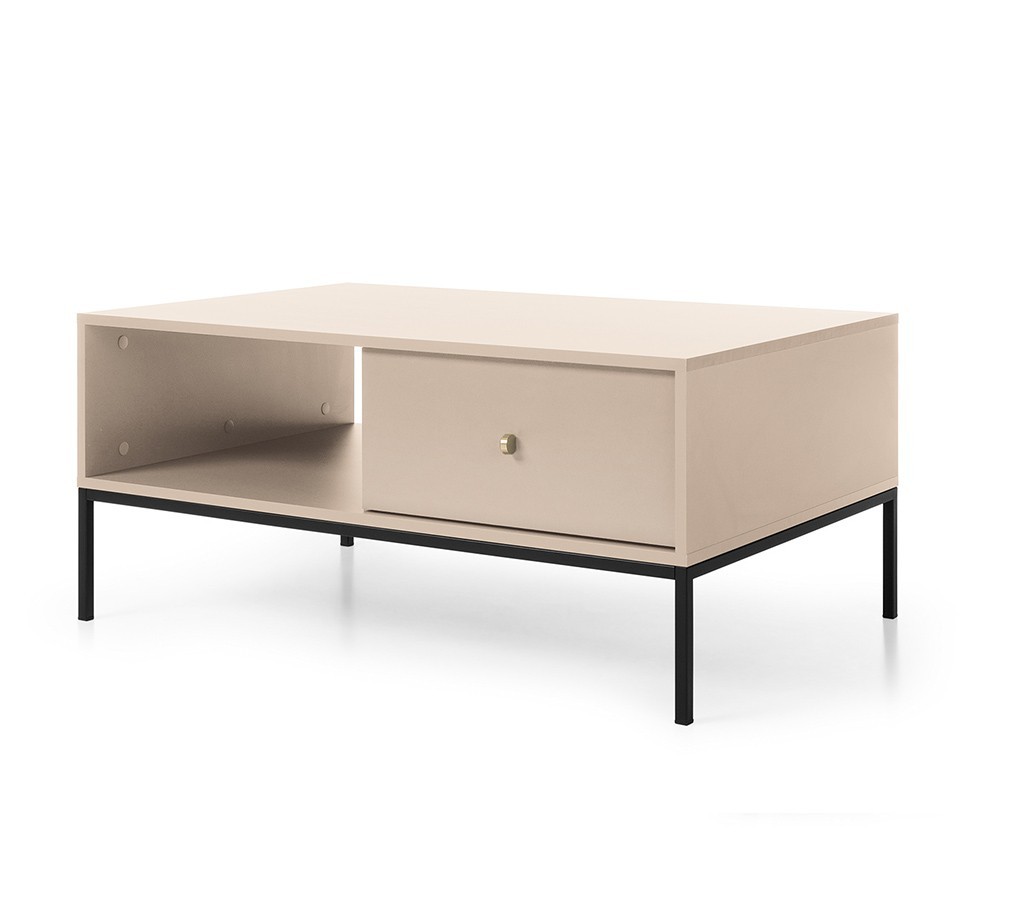 Stolik kawowy MOLLY 104 cm beżowy dwie szuflady czarny metalowy stelaż
