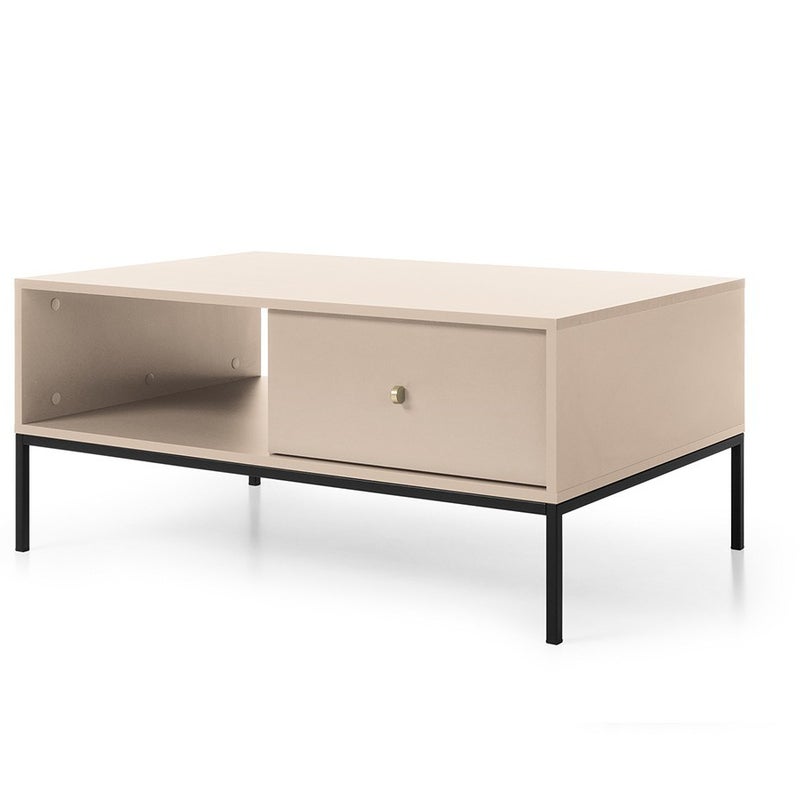 Stolik kawowy MOLLY 104 cm beżowy dwie szuflady czarny metalowy stelaż
