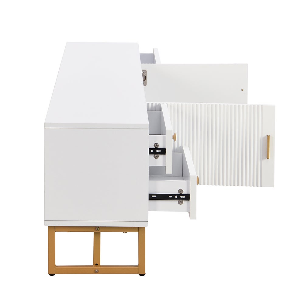 Meuble TV avec porte structurée avec tiroirs poignées dorées et pieds Blanc - 6