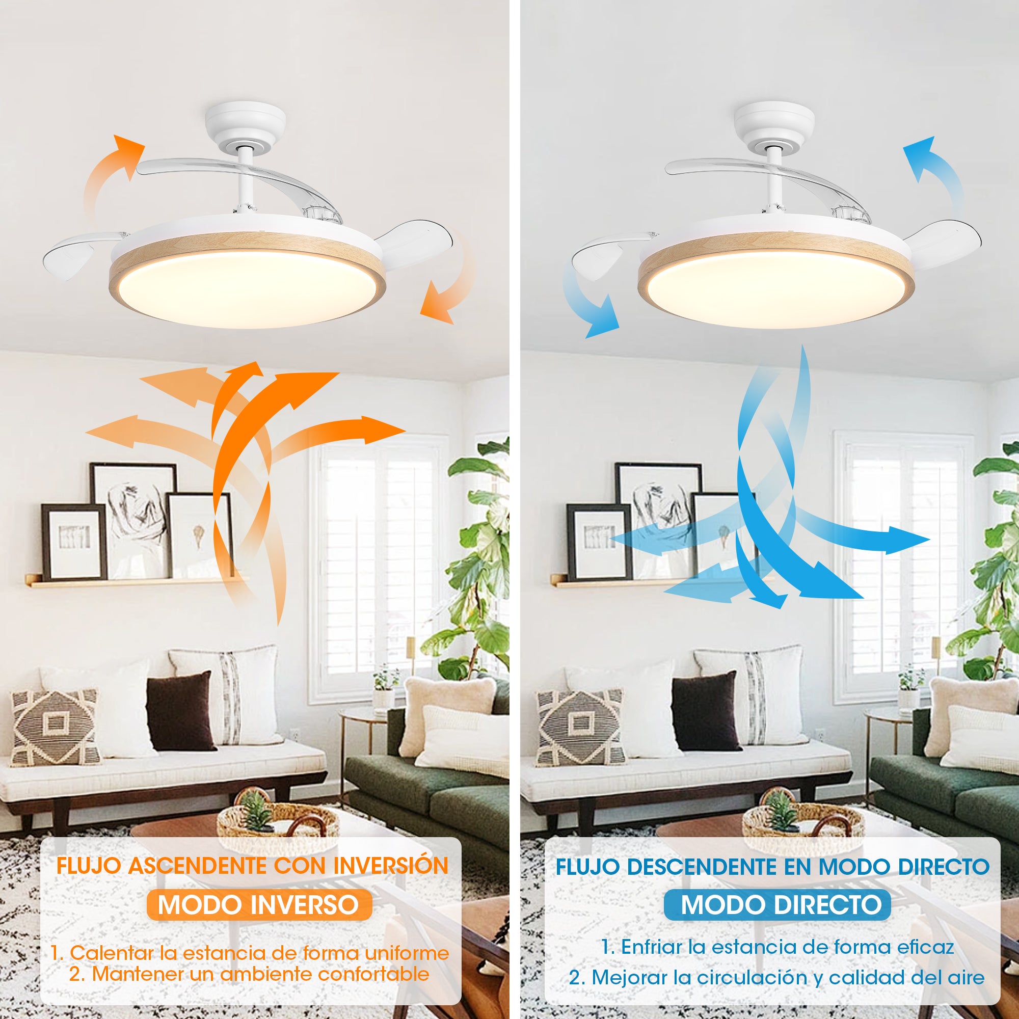 Ventilador de techo retráctil con luz LED 106 cm DC silencioso con mando Parrot Uncle blanco efecto madera 6 velocidades invierno-verano - 6