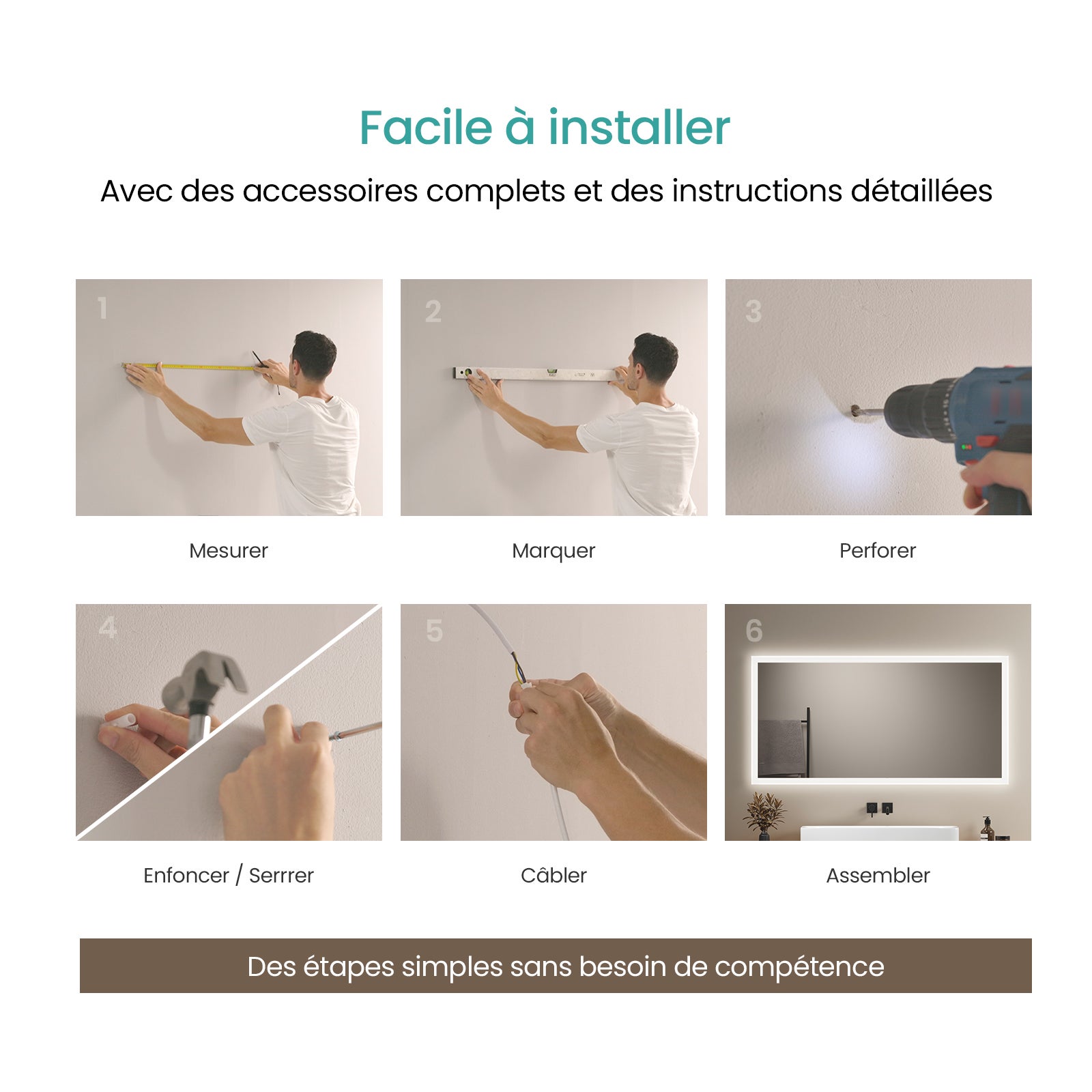 EMKE Miroir lumineux salle de bain 120x60cm, Miroir LED avec Interrupteur à bouton, Anti-buée, Miroir avec éclairage lumière Blanche Froide/Chaude - 8