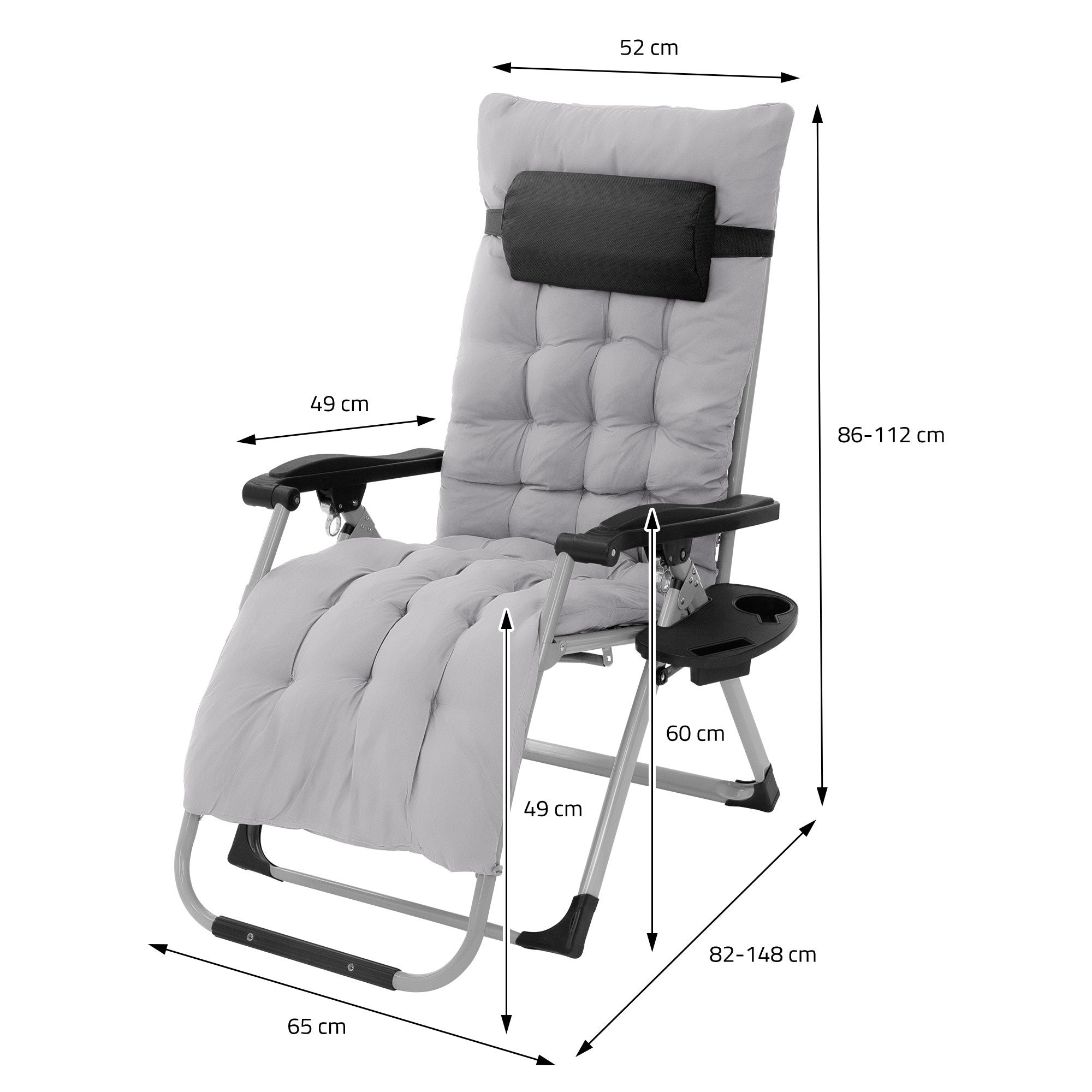 Pack De 2 Tumbonas Plegables Con Cojín, Soporte Para Bebidas Y Respaldo Ajustable De 90° A 170°, Capacidad 200 Kg, Color Gris