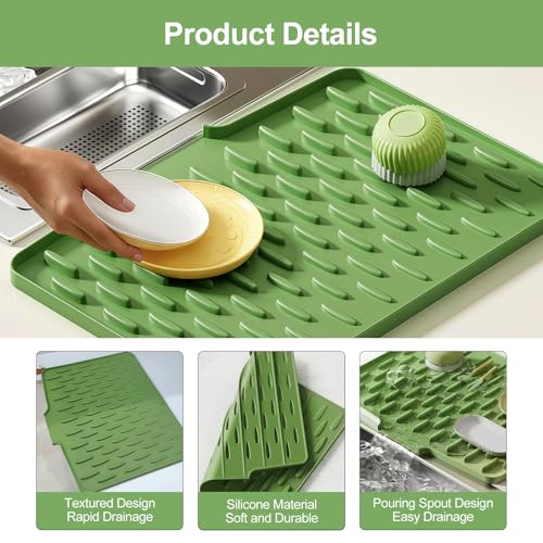 Questo tappetino scolapiatti in silicone è impermeabile e presenta un design antiscivolo e assorbente. È adatto ai lavelli della (40 x 32,5 cm, verde) - 4