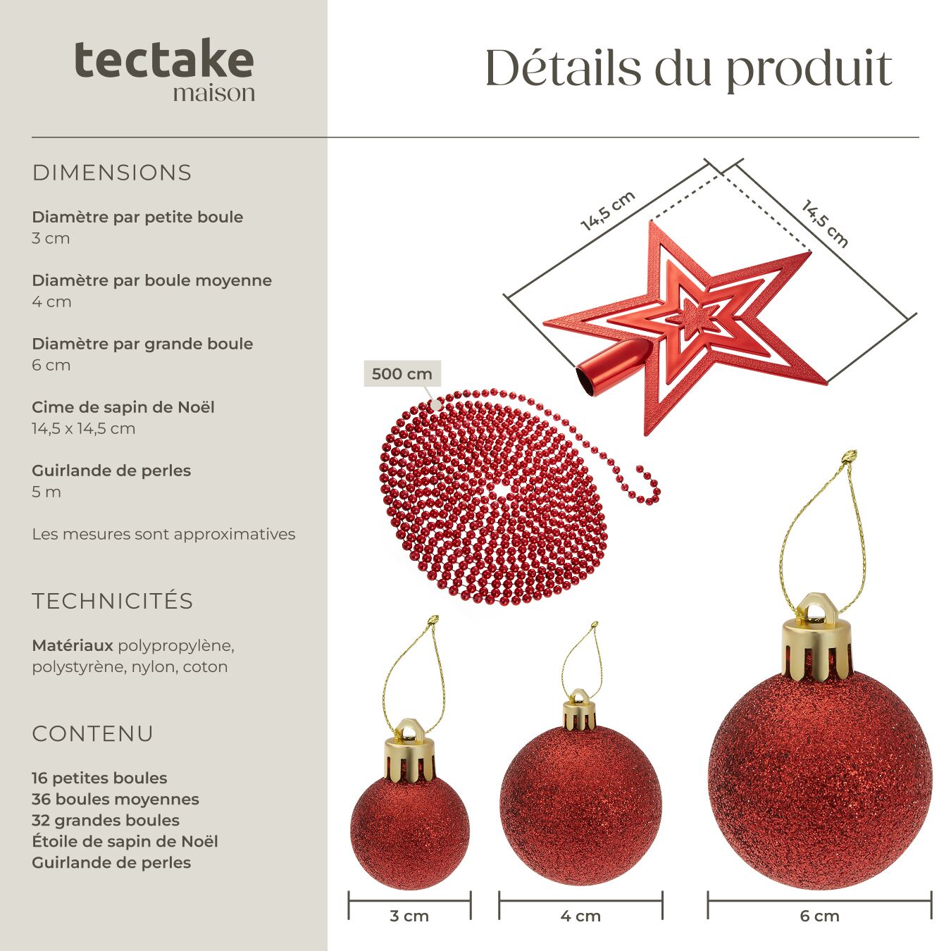 Lot de 86 boules de Noël en plastique mates, brillantes ou pailletées de 3, 4 ou 6 cm de diamètre TECTAKE - 6