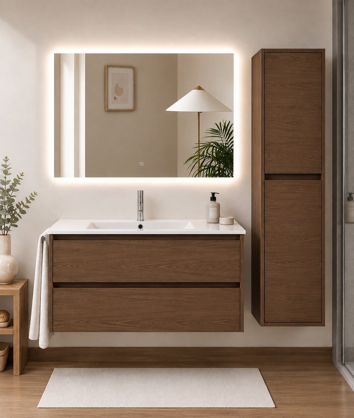 Mobilier de baie cu lavoar ORIGENBATH IBIZA fără oglindă 100x45 cm frasin tea cu coloană