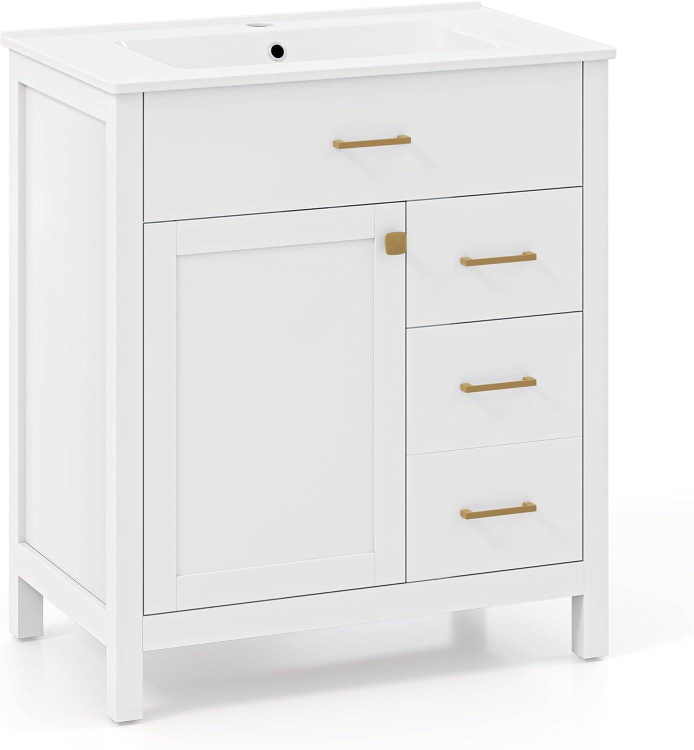 Mueble de baño con lavabo, armario de almacenamiento bajo lavabo con lavabo de cerámica, 2 cajones y 2 puertas, mueble de pie para lavabo, 76x