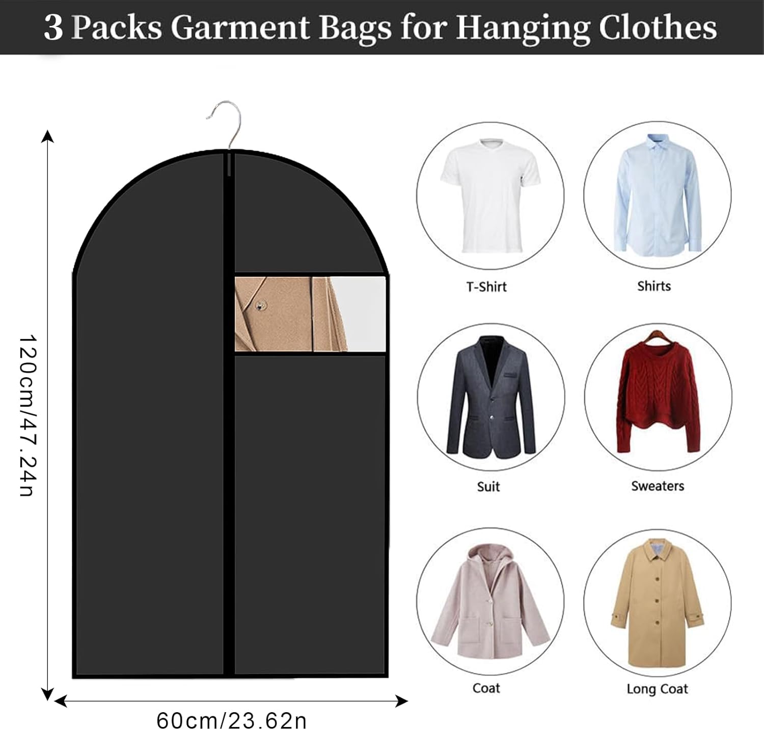 Lot de 4 Housses de Vêtements à Suspendre 120x60cm avec fermeture éclair, Housse de Protection pour Vêtements anti Poussière Imperméables avec zip, Rangement pour Chemise Costumes Manteaux Clothes