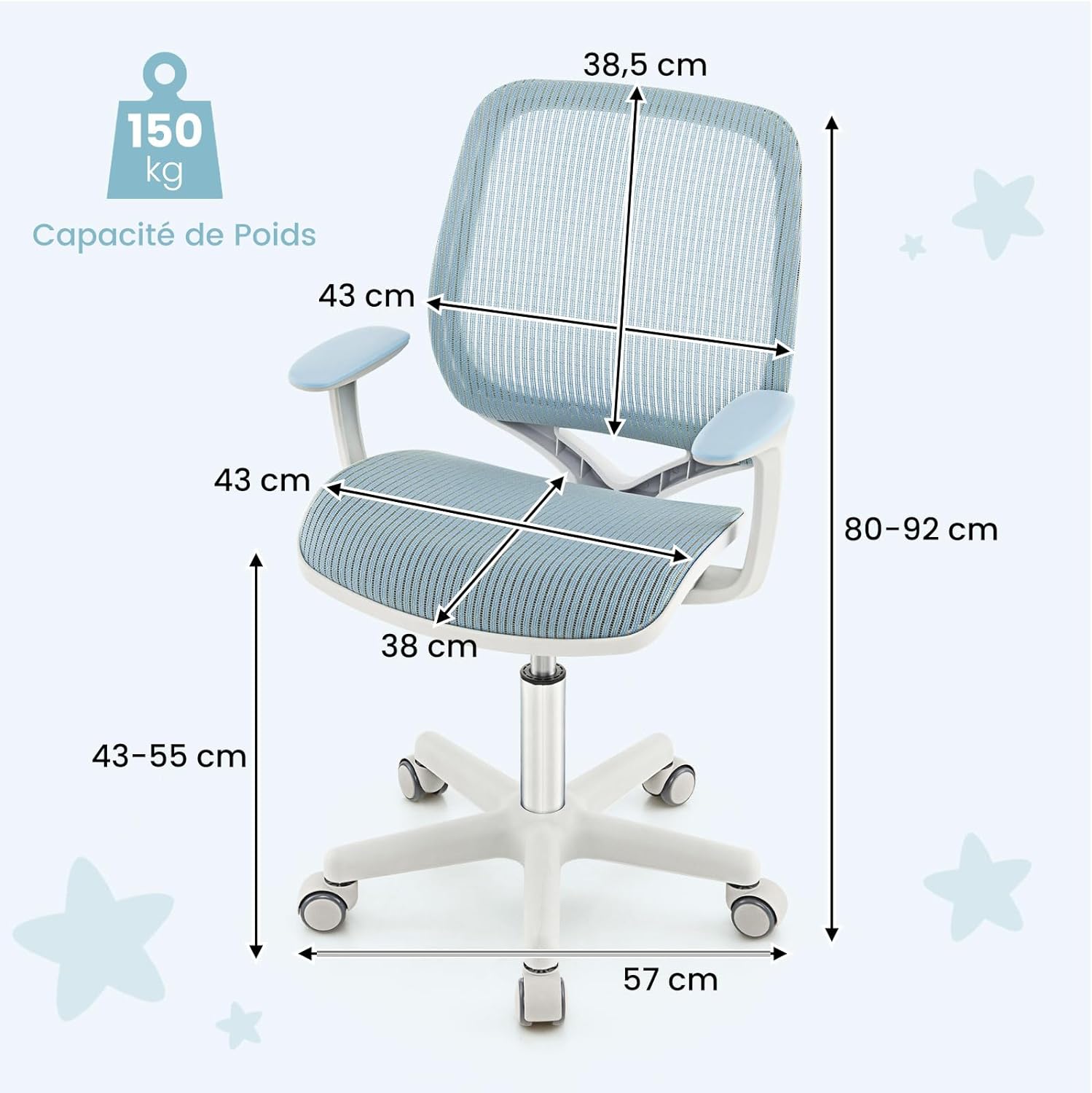 Silla de Escritorio para Niños, Silla Infantil Giratoria para Computadora con Altura Ajustable, Ruedas con Freno, Reposabrazos Lisos, Silla Er - 4