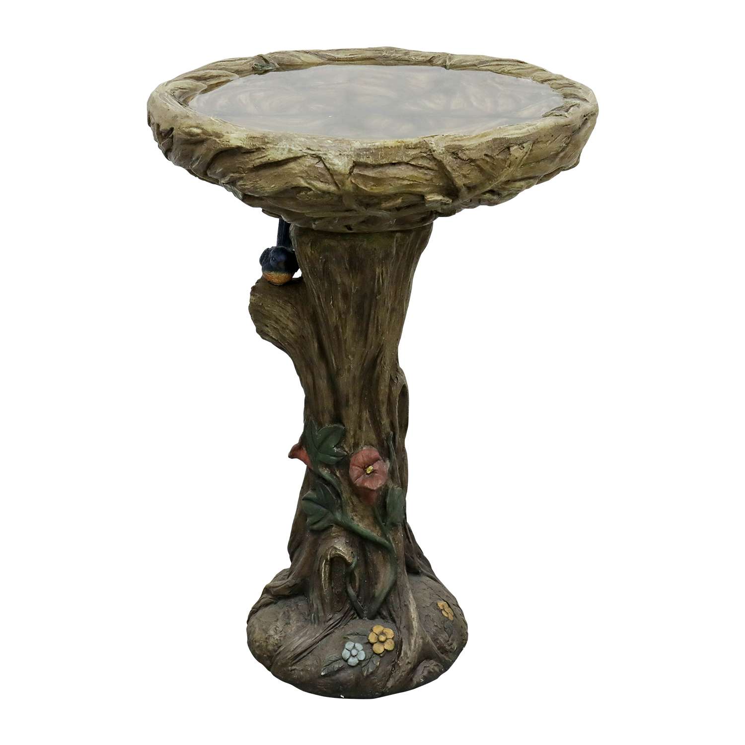 Fontaine pour oiseaux en béton effet bois 65 cm avec bassin profond et oiseau décoratif pour jardin élégant - 7