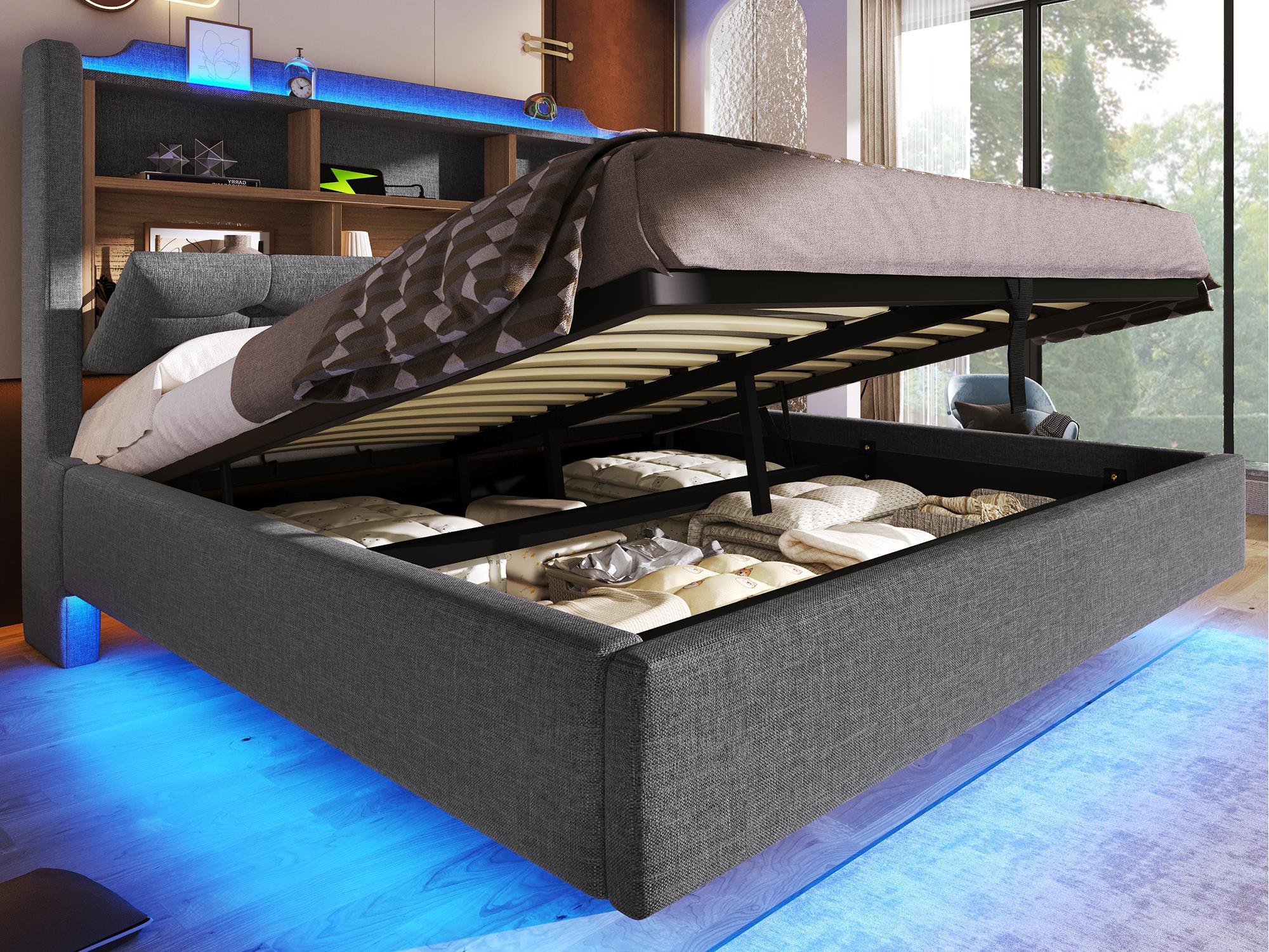 Łóżko tapicerowane ze schowkiem 140x200 cm - z oświetleniem LED - wyposażone w interfejs USB + Typ-C - tkanina lniana - kolor szary