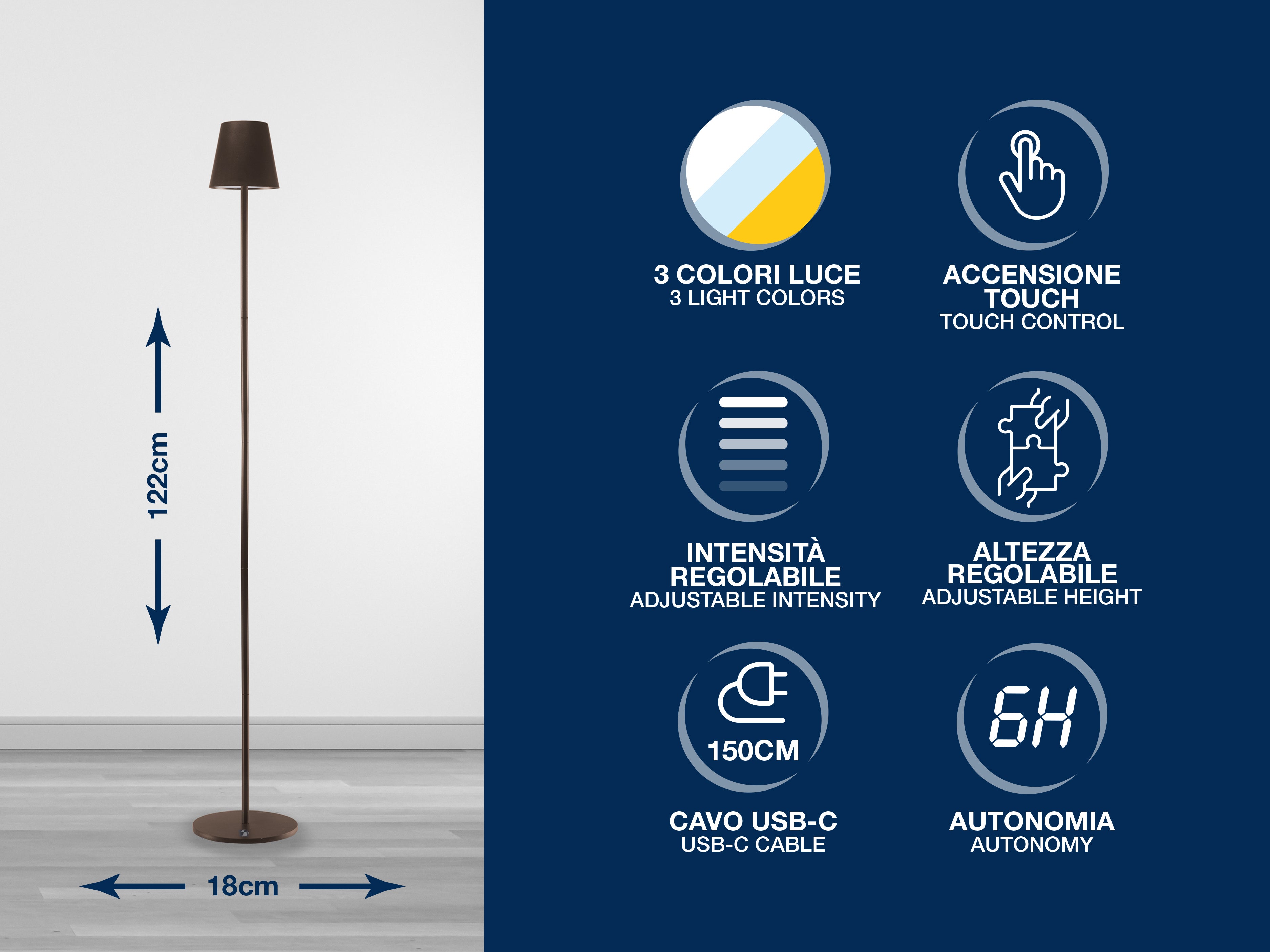 BEPER P201UTP403 Lampada da terra con altezza regolabile, Lampada da scrivania 2,3W, Lampada ricaricabile cavo USB type-C, 3 tonalità di Luce - 2