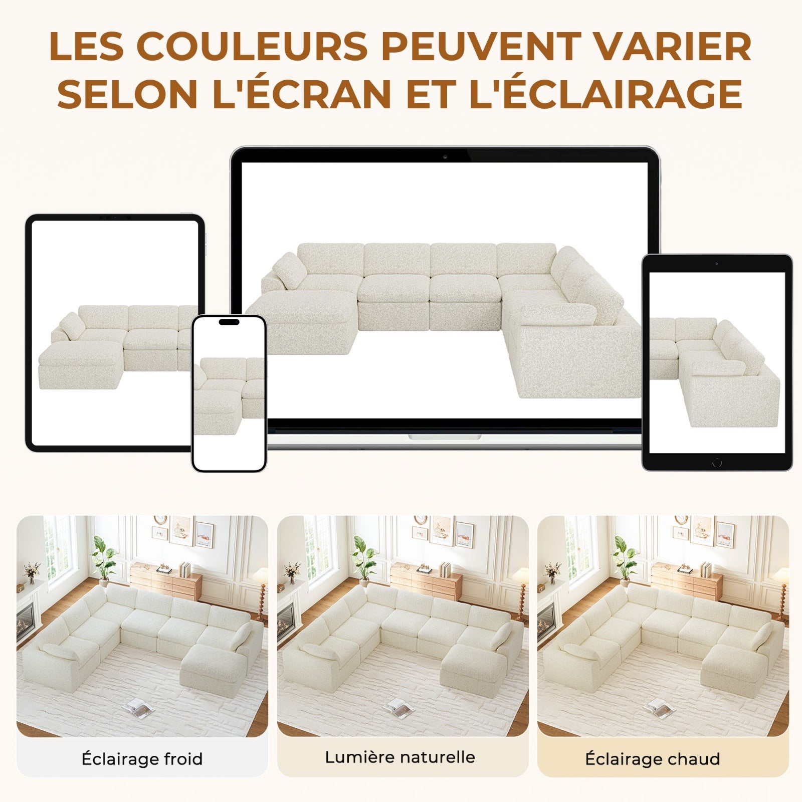 Canapé d'angle Panoramique Modulaire 7 Places en Chenille pour Salon/Bureau,Repose-pieds Amovible ,Beige - 7