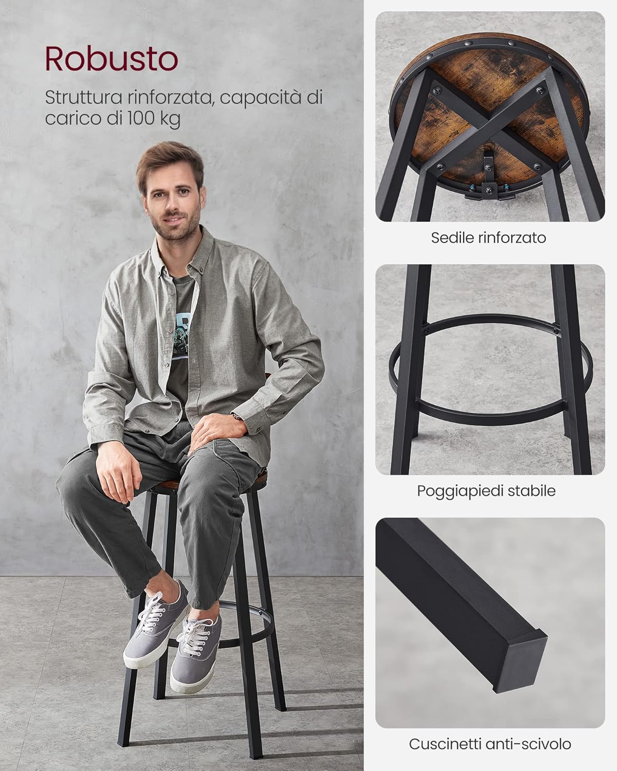 Sgabelli da Bar alti con Schienale, Set 2 Pezzi, Cucina, Acciaio, Seduta 73,2 cm, Industriale, Marrone e Nero - 4