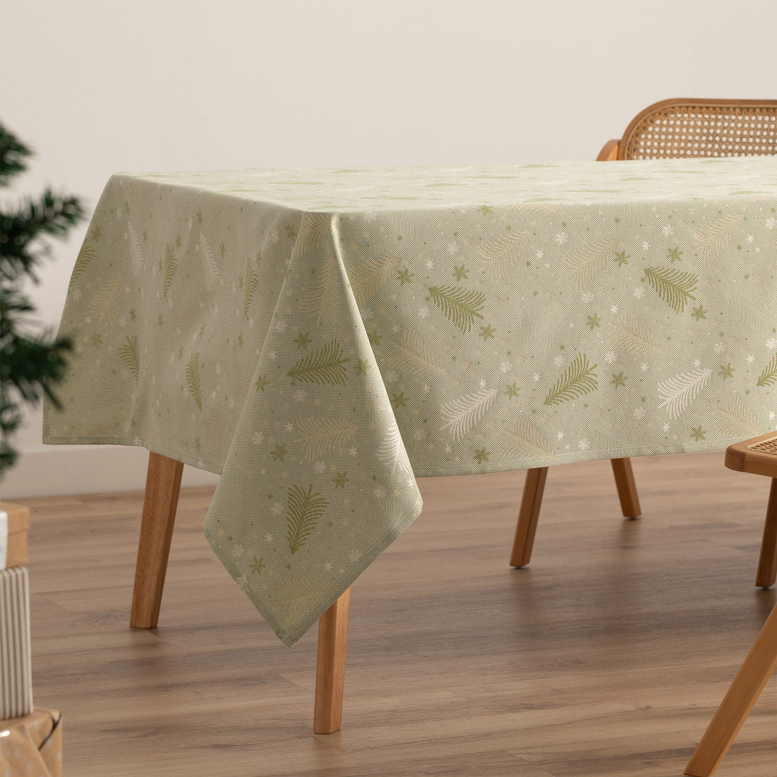 Tovaglia di Natale rettangolare in cotone jacquard verde e oro 140x200 cm - Christree - 2