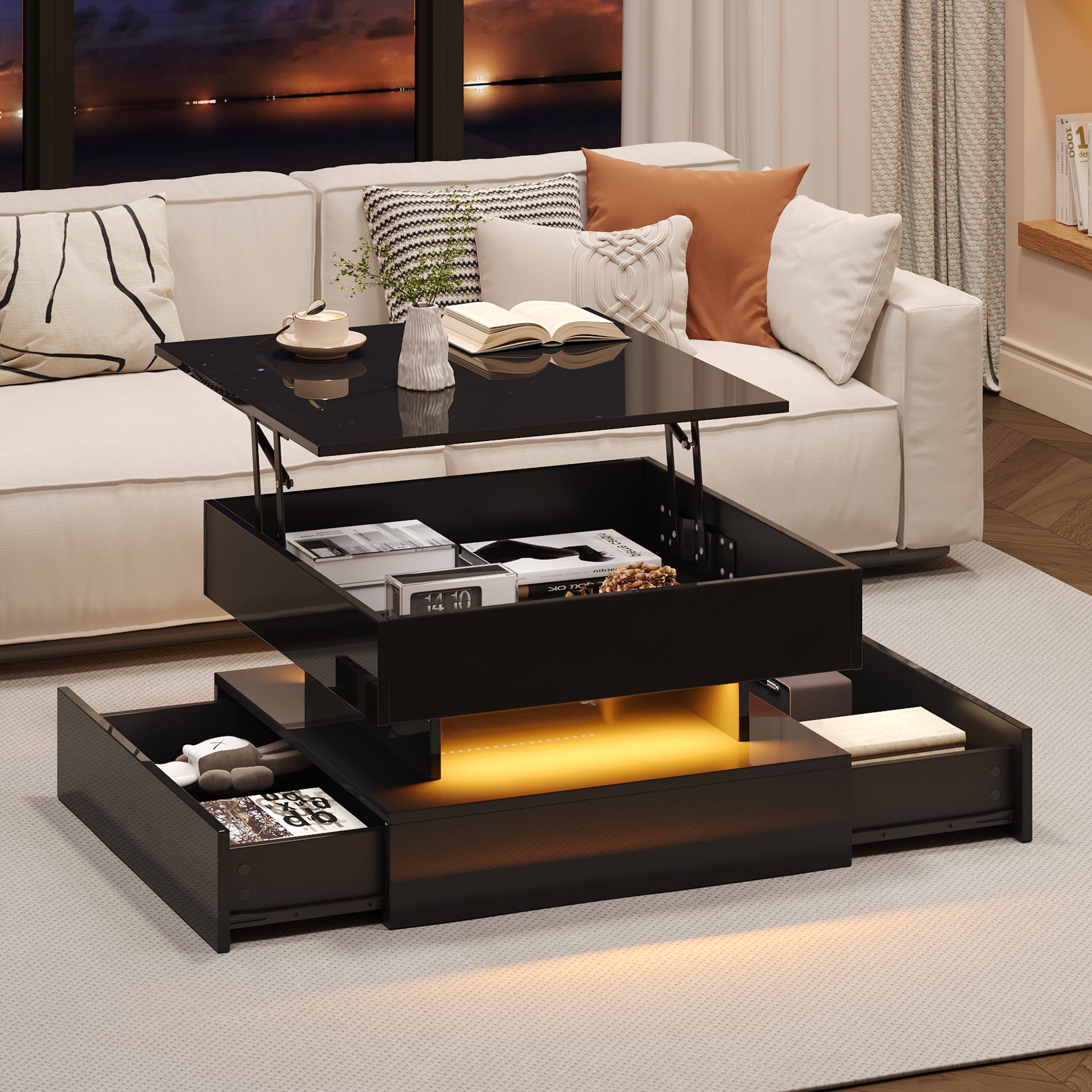 Stolik kawowy kwadratowy z podnoszonym blatem i 2 szufladami - 65 x 65 x 38,5 cm - Płyta wiórowa - Diody LED - Czarny połysk
