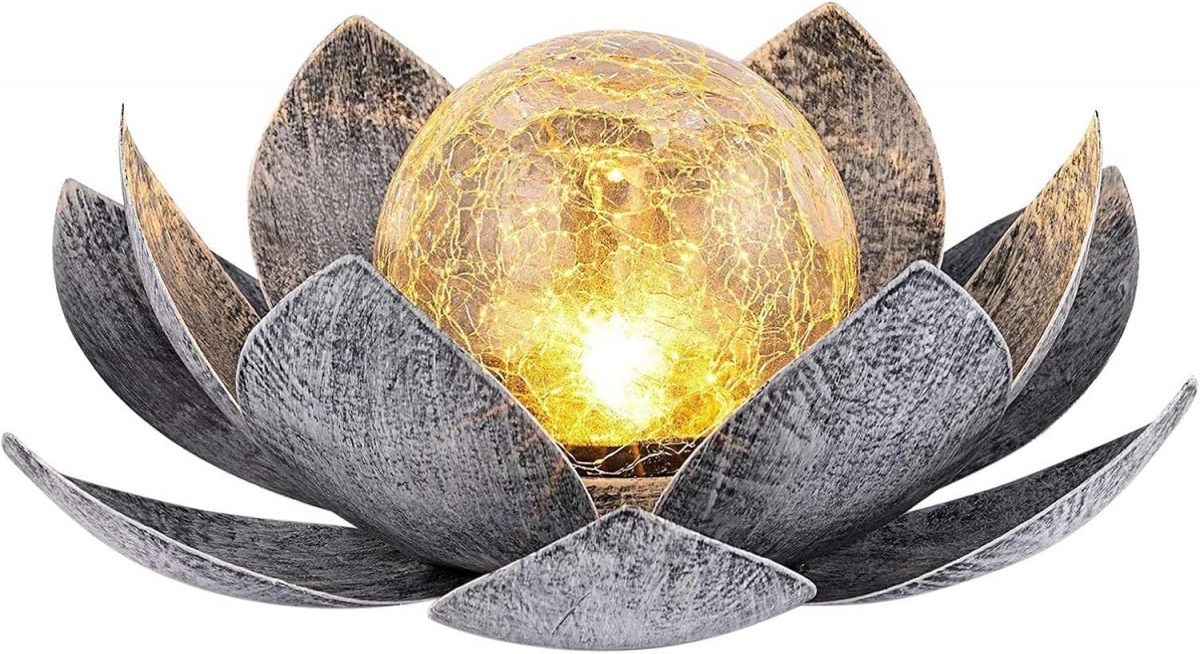 Lampă solară Lotus - Floare de Lotus 28x28x12cm cu glob din sticlă crapată | Lumini decorative de grădină cu LED impermeabile IP44