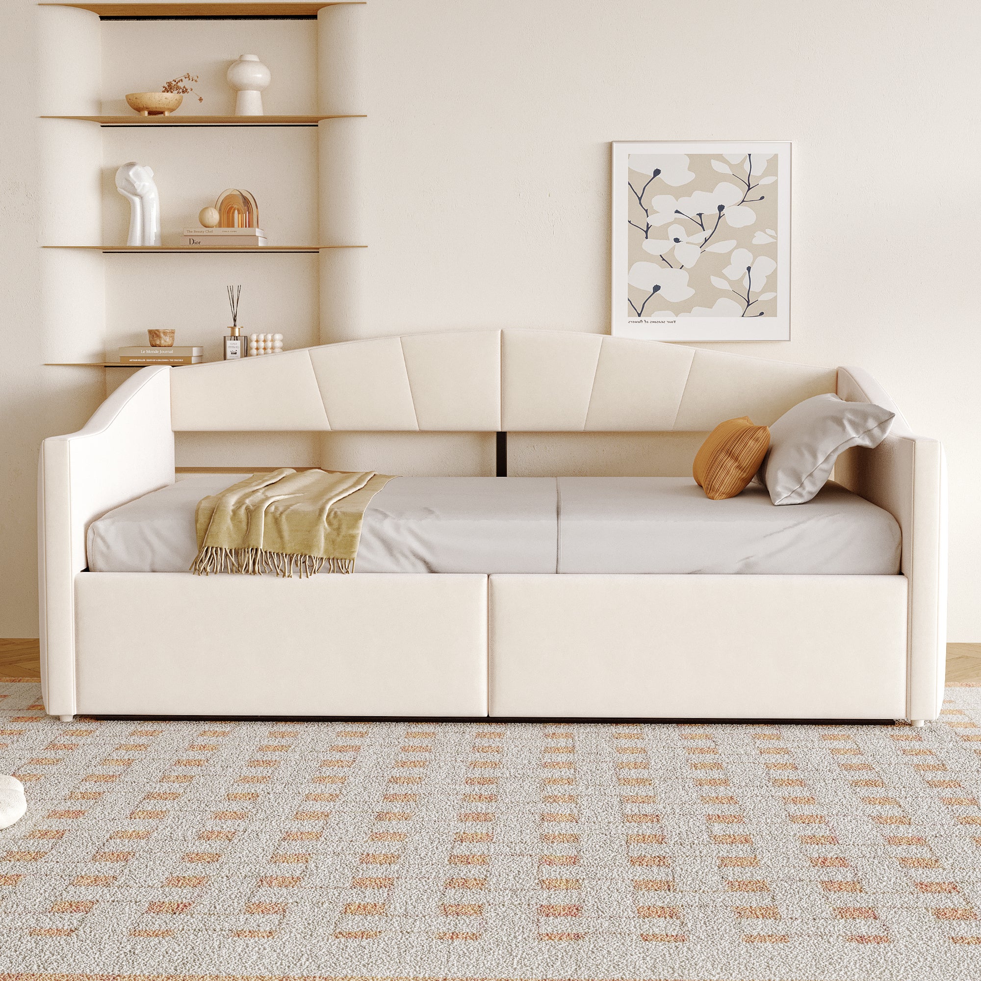 rozkładana sofa z pojemnikiem 90x200cm - stelaż lamelowy - tkanina welurowa - beżowy​ (materac nie jest wliczony w cenę) - 3