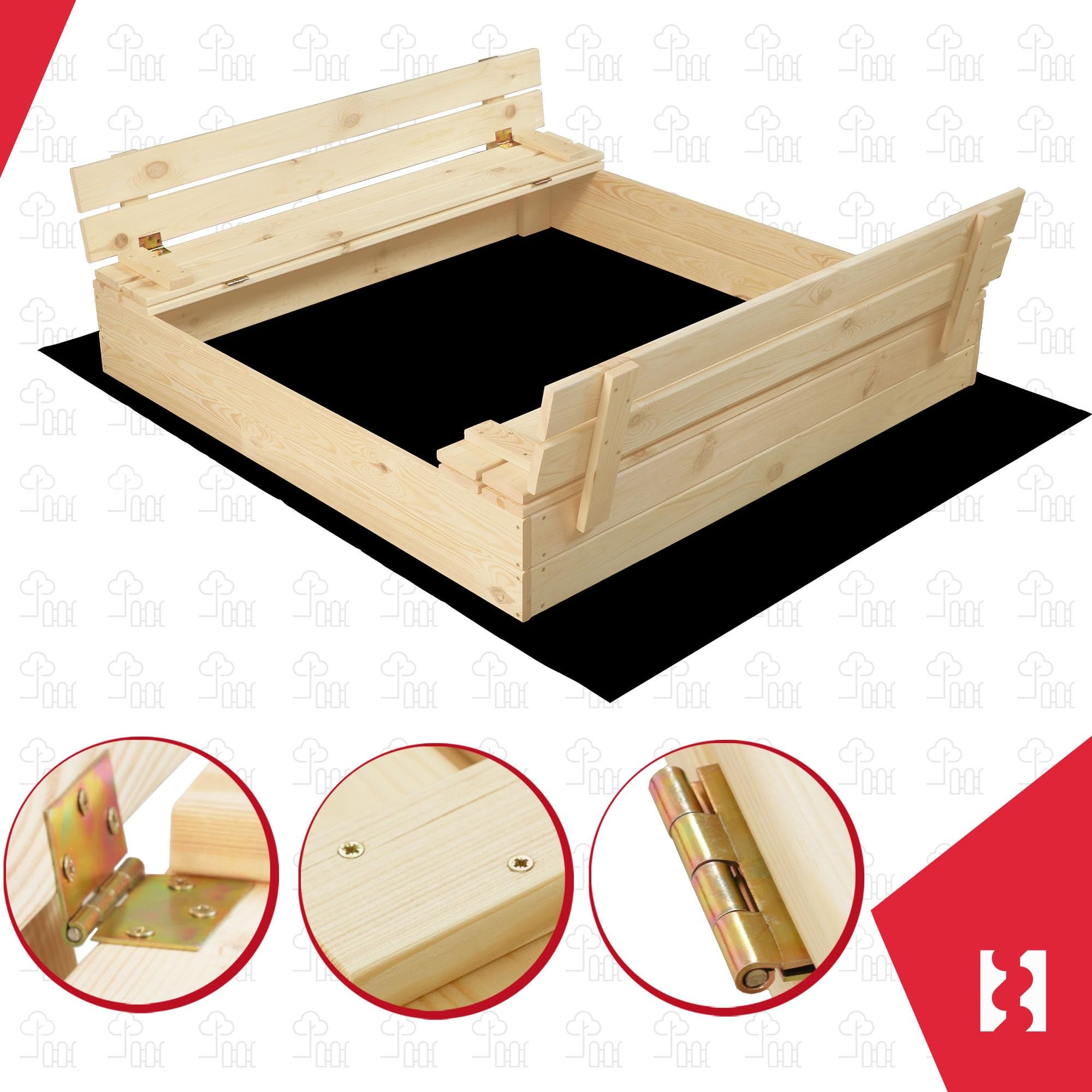 Bac à Sable Enfant Extérieur - Bois - 120 x 120 cm - Naturel - avec Couvercle et Bancs - Avec Tissu Anti-Mauvaises Herbes - KOTARBAU - 6