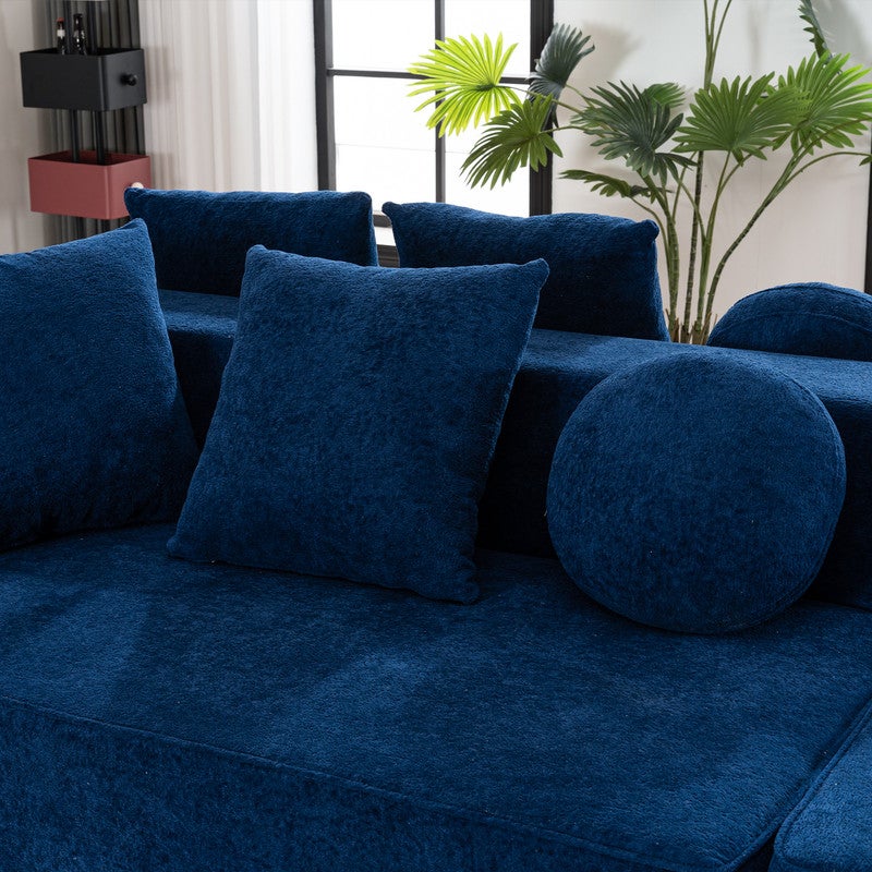 Canapé 5 places panoramique modulable - en tissu Chenille bleu - avec 6 oreillers - 263x171x66cm - 7