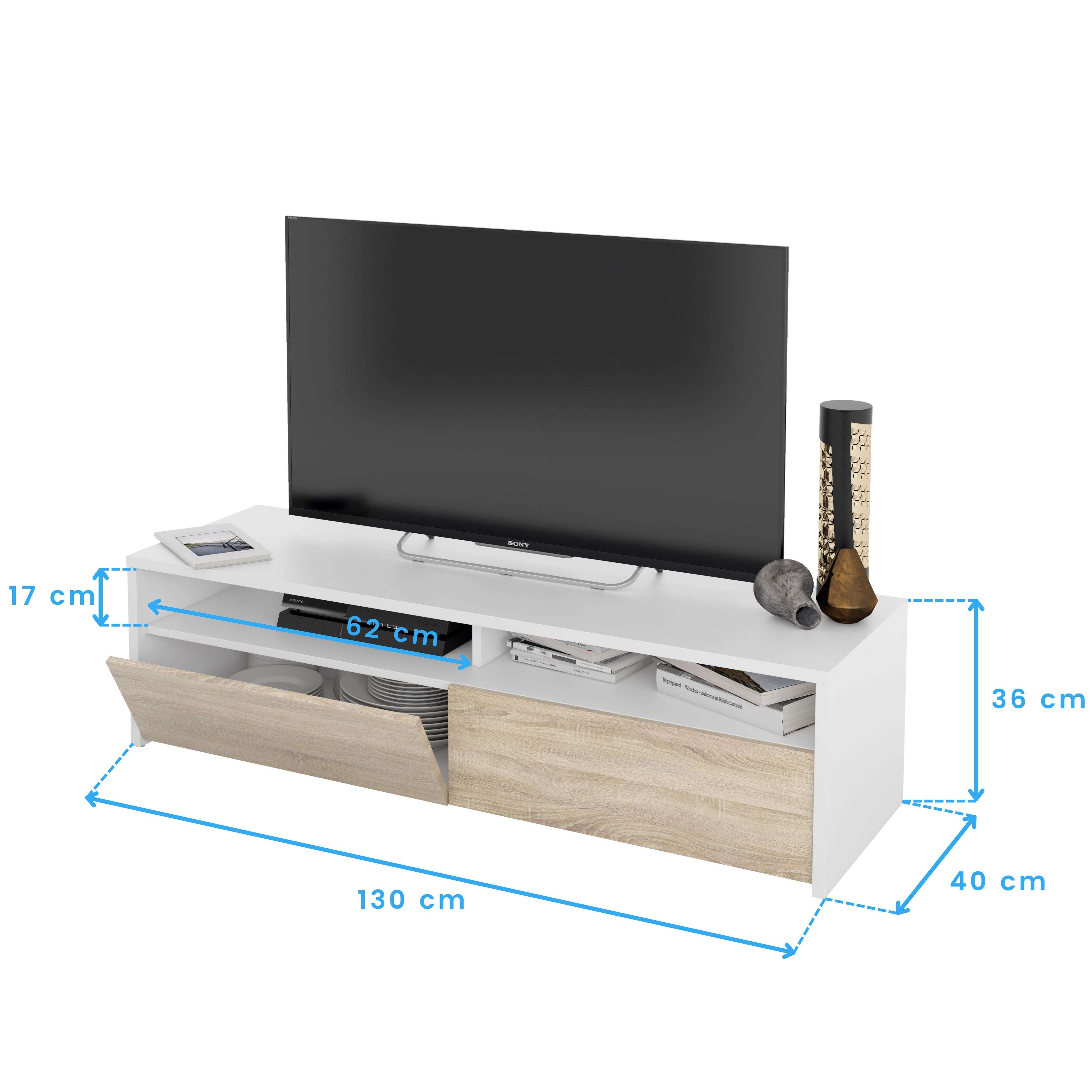 Meuble TV LOLA 2 portes battantes et 2 niches de rangement L130 cm - Blanc / Bois - 6