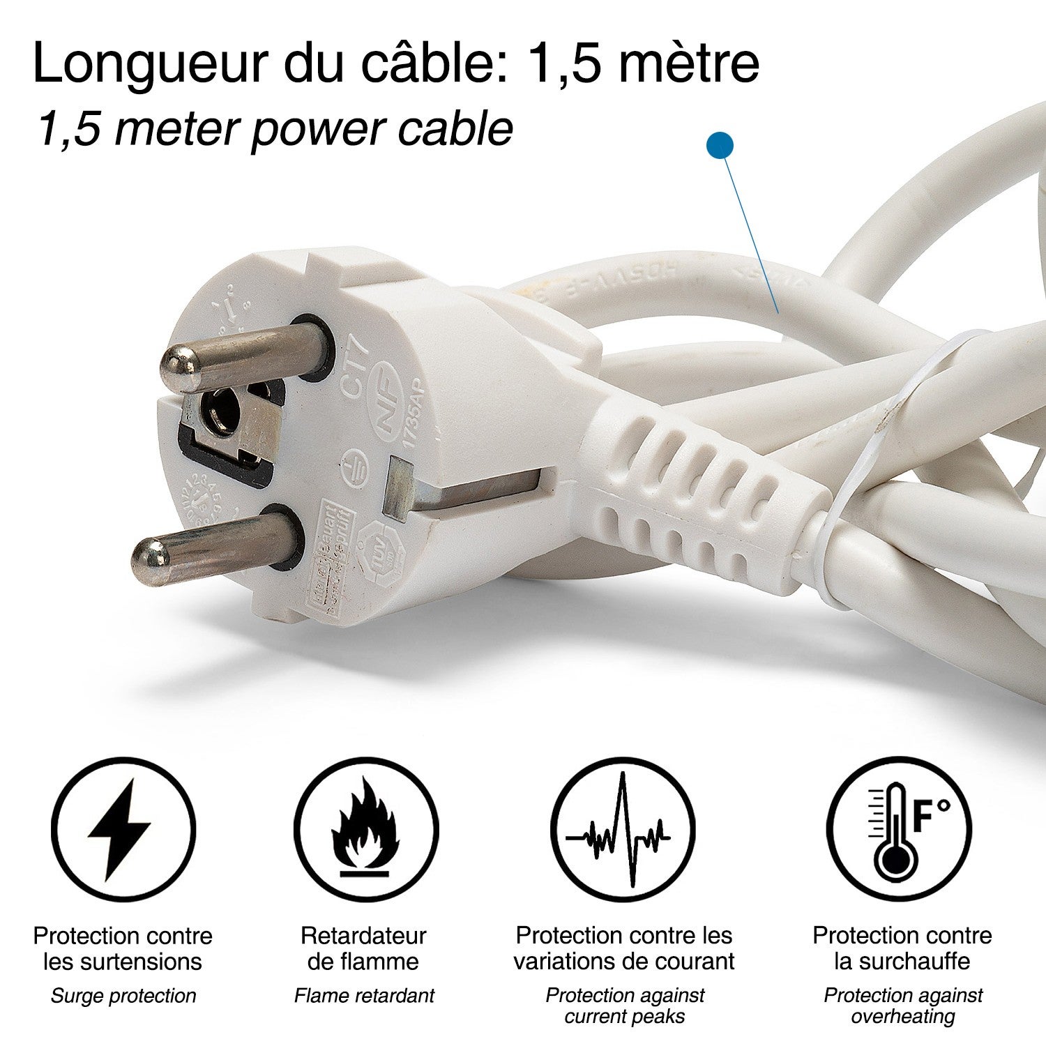 Multiprise 5 sorties + 2 USB. Cable 1,5m - 4