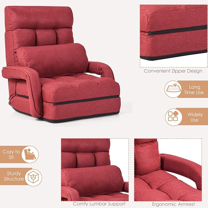 LIFEZEAL Fauteuil de Salon Convertible avec Dossier Réglable sur 5 Positions，Fauteuil Sol avec Accoudoirs, Chauffeuse 1 Place Pliable(Rouge) - 5