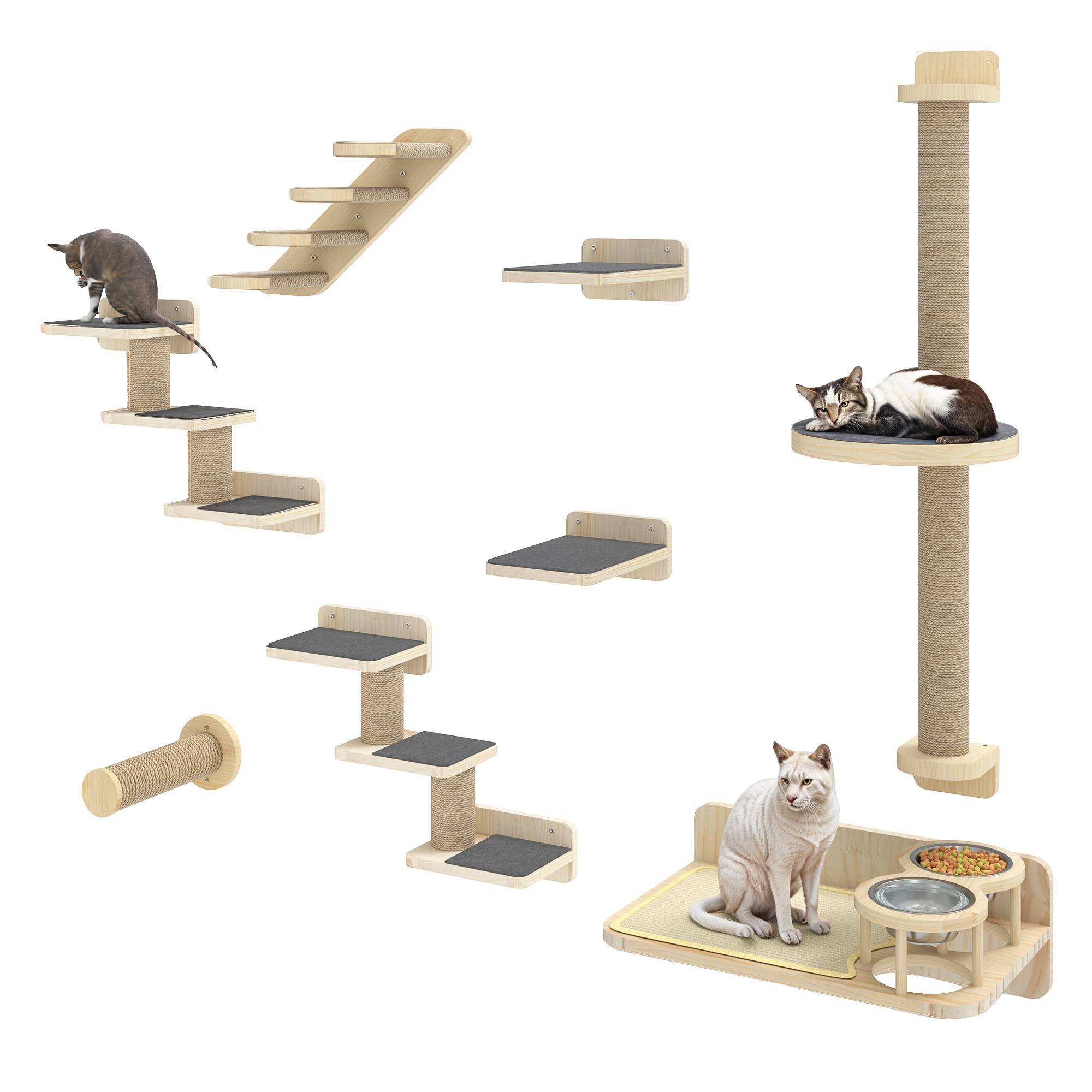 Balconera Ensemble de 8 murs d'escalade pour chats - 1 escalier, 2 plateformes et 2 échelles - Gris et chêne - 2