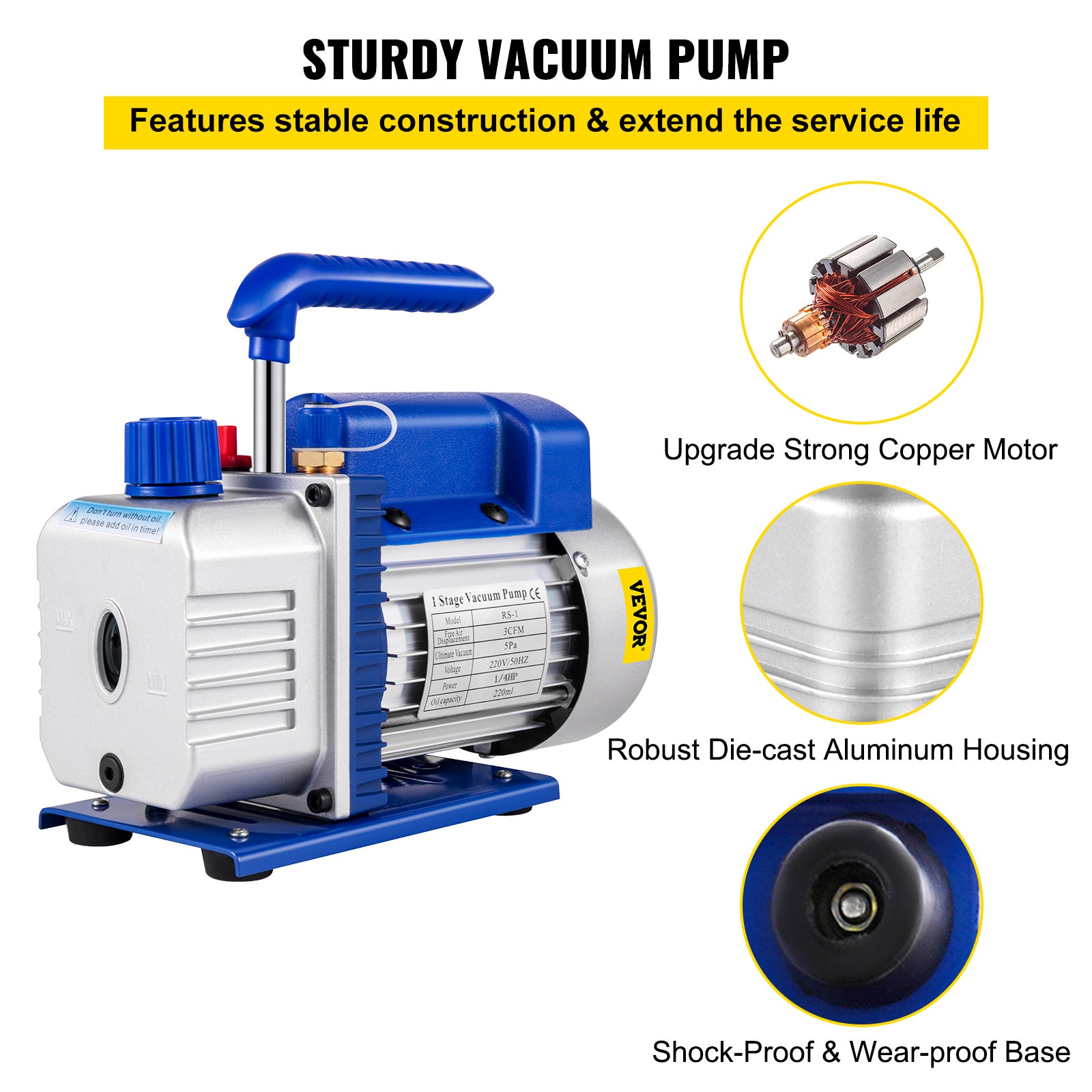 Pompa per vuoto 30V/50HZ, pompa per vuoto per refrigerazione 3CFM 1/4HP, 85L/min per Aria condizionata Pompa per vuoto ad aria elettrica per aut VEVOR - 3