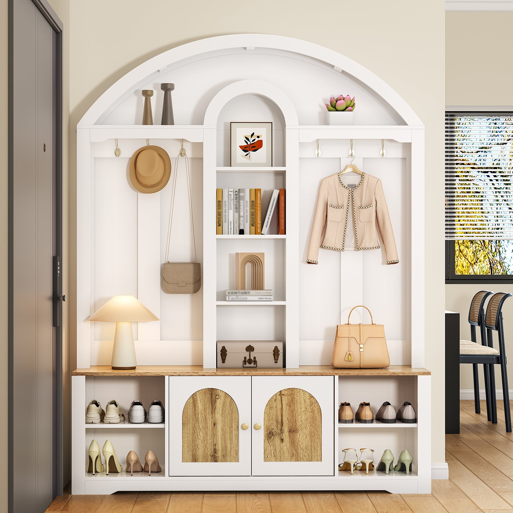 Szafka na buty z ławką, wieszakami, 2 drzwiami i otwartymi półkami - 150 x 40 x 195 cm - MDF - Biała