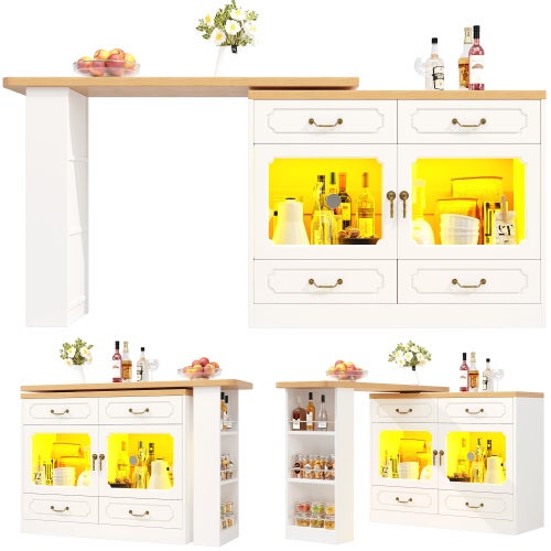 Mesa de bar extensible con espacio de almacenamiento (135-203 × 39 × 92,8 cm), mesa giratoria 360° con iluminación led, color blanco.