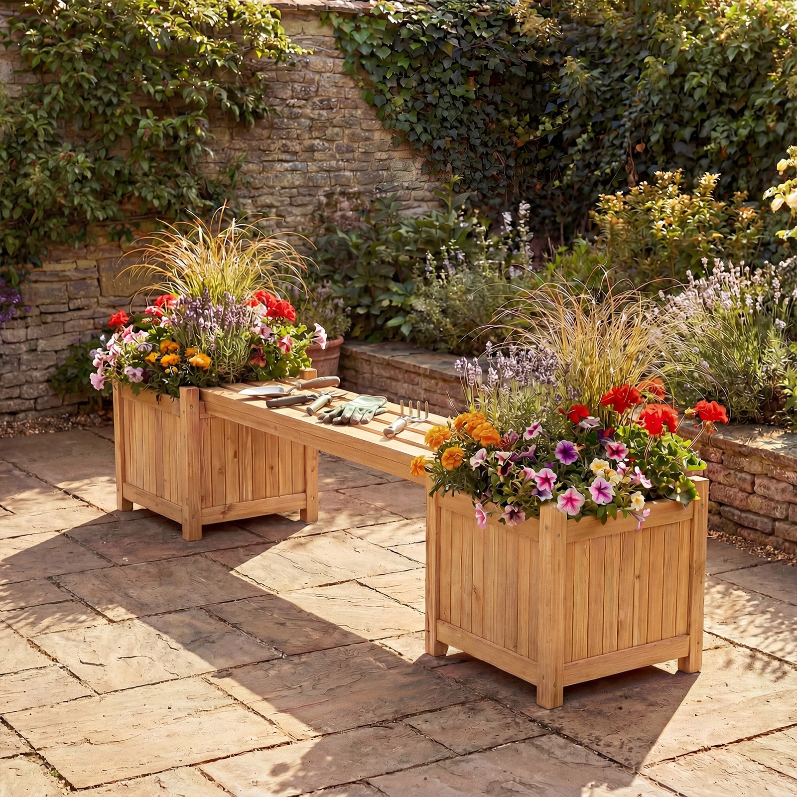 Jardinières d'Extérieur avec Banc 169 x 35 x 35 cm, Bac à Fleurs en Bois Massif Finition Huile de Teck Base Ouverte, Lit de Jardin Surélevé, Naturel - 7