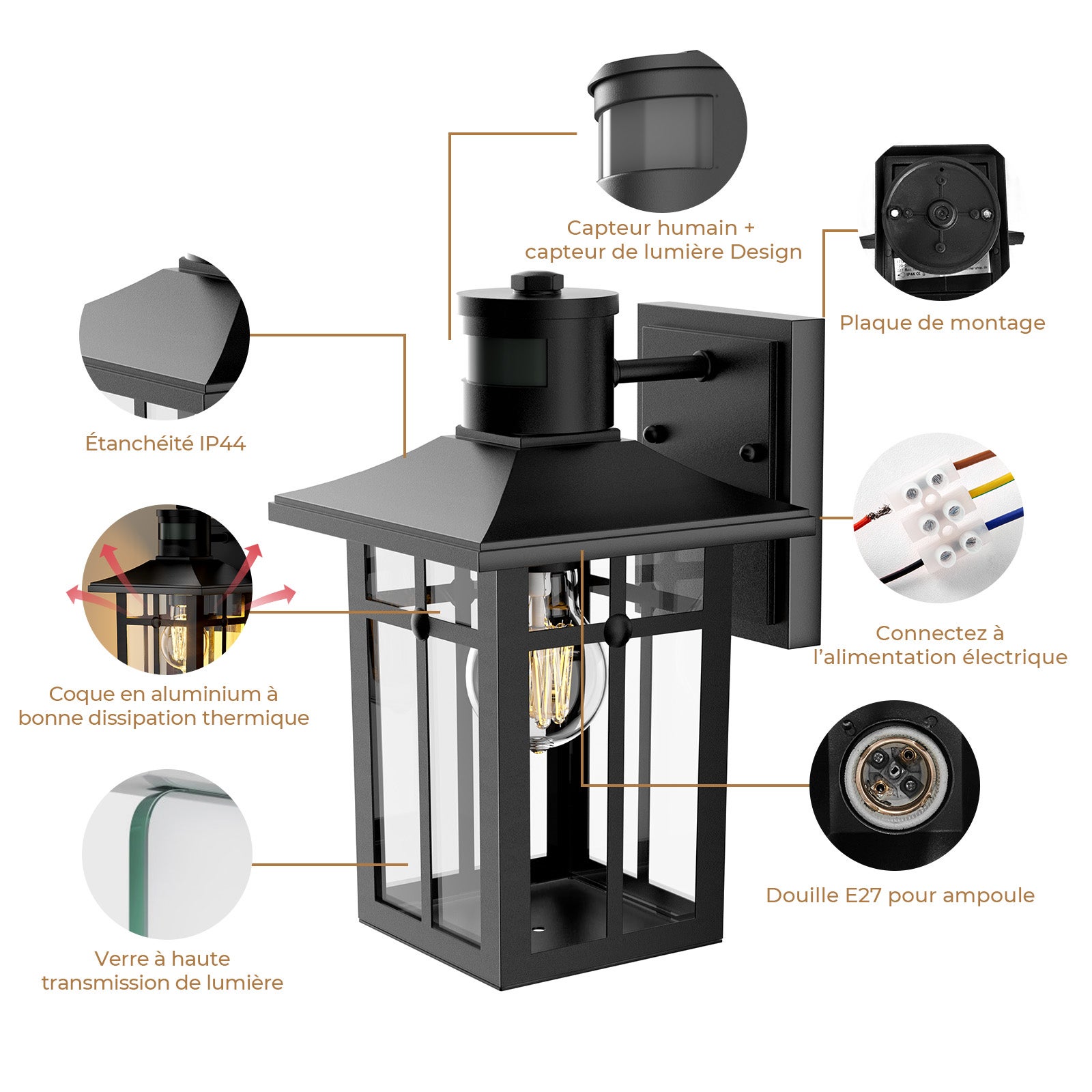 Applique murale extérieure rétro en alliage d’aluminium moulé sous pression, IP44, avec capteur de mouvement, douille E27, pour jardin, garage, porche - 6