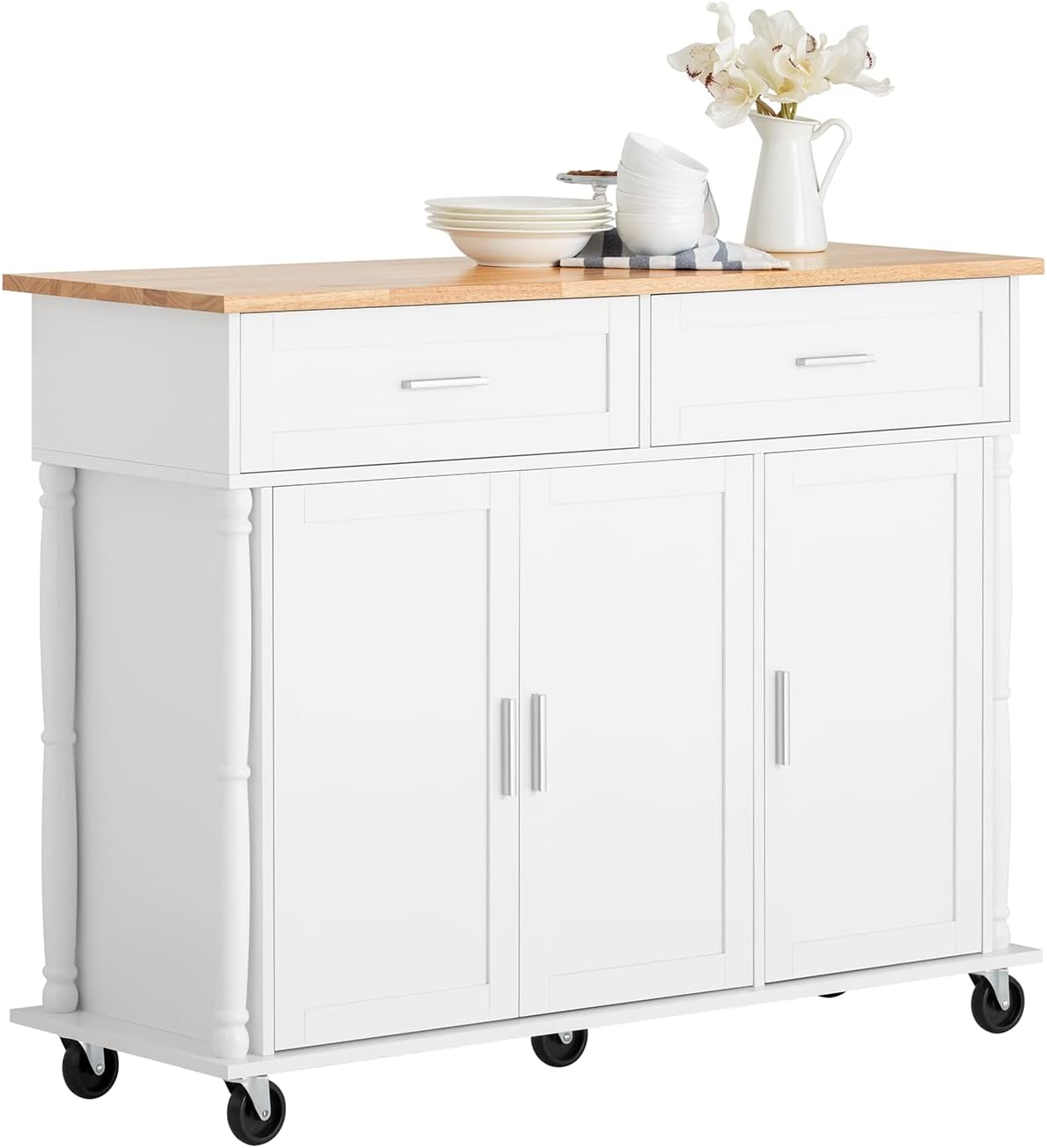 Isola Da Cucina Mobile SUKY 140x40 Cm Con Ruote, Ante In Vetro, 5 Cassetti E Ripiani Regolabili – Bianco E Legno