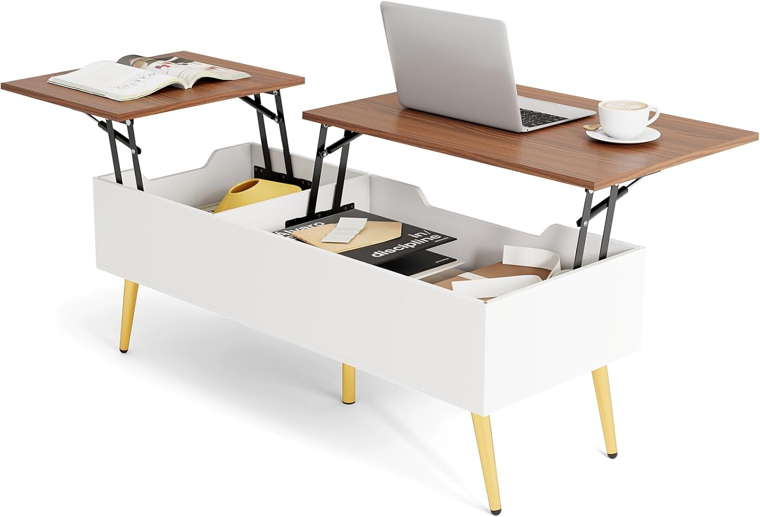 Tavolino ribaltabile con contenitore, tavolino da salotto con ripiano ribaltabile, per ufficio, 111 x 48 x 40-53,5 cm (bianco+noce) - 9