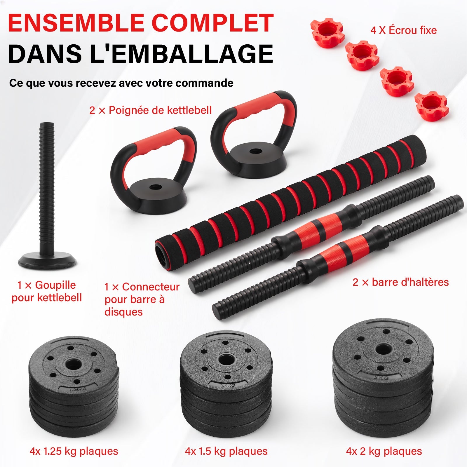 TEENO Ensemble d'haltères réglables 5 en 1 de 20 kg, comprenant des kettlebells, des haltères, une barre et un support pour pompes - 6