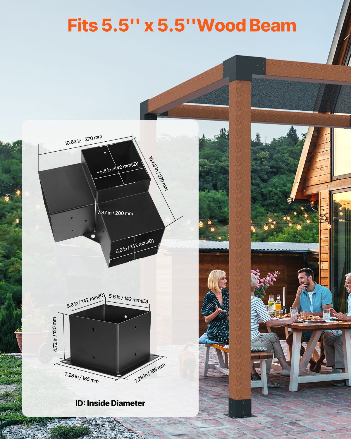 Kit Supports Pergola VEVOR 6x6 pouces (int. 5,5x5,5),4 Supports Angulaires 3 Voies,Base DIY Bois pour Pergolas,Gazebos,Cabanes - 2