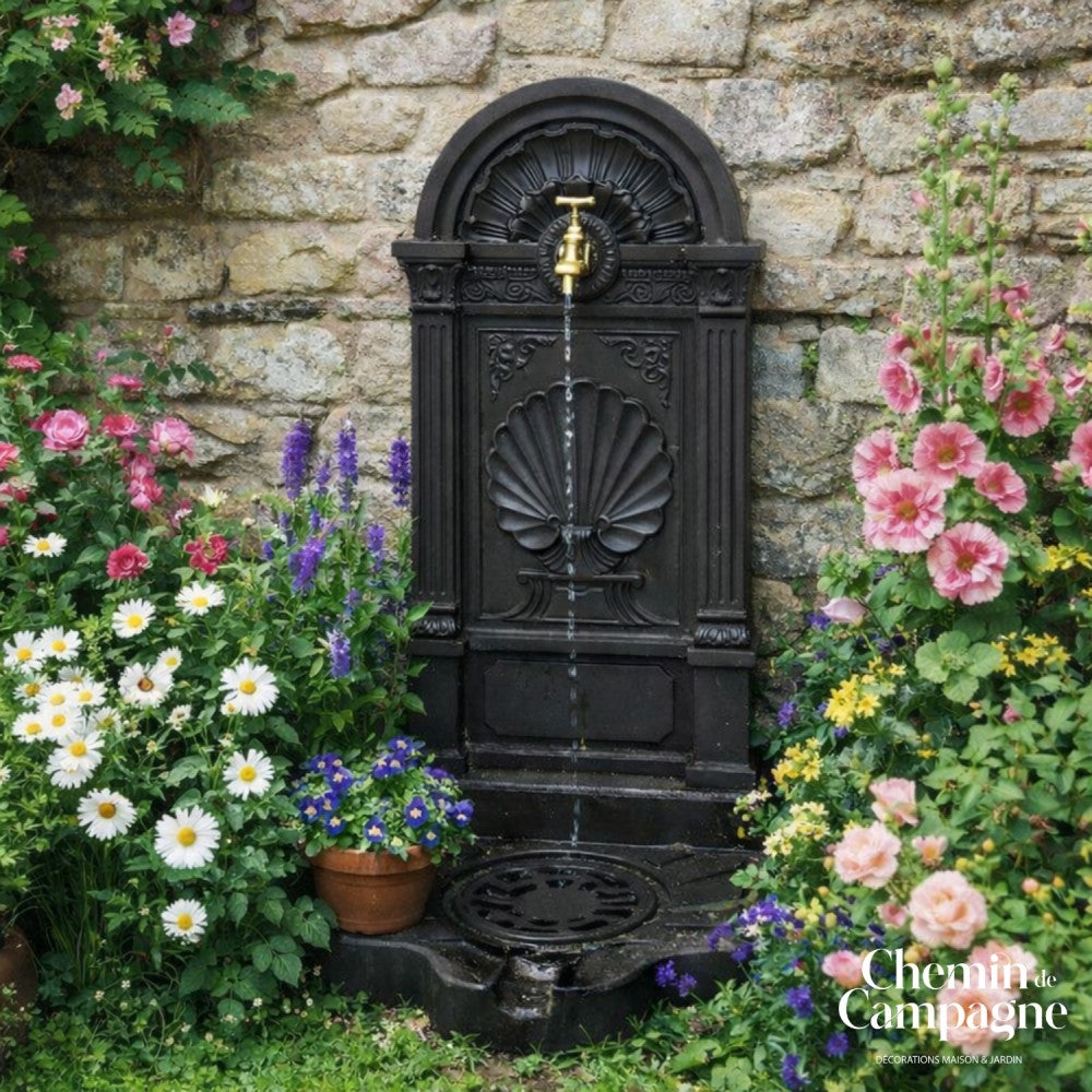 Fontaine de jardin extérieur fonte aluminium noire coquillage 84cm - 2