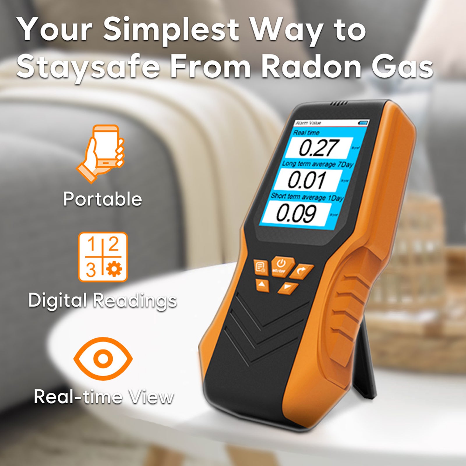 El detector de radón mide los niveles de radón en el aire de 0 a 270 pci/L. Recargable, color naranja， Detector de gas radón - 7