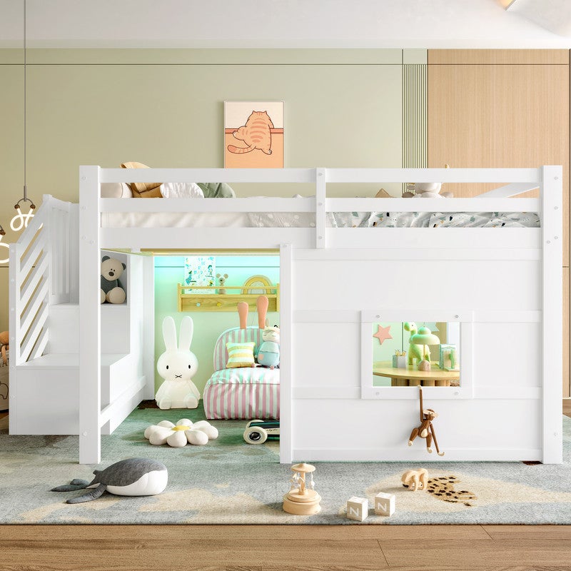 Lit mezzanine 140x200 cm avec Éclairage LED, lit superposé avec escalier Rangement et Fenêtre Ludique, lit enfant avec sommier à lattes, blanc - 3