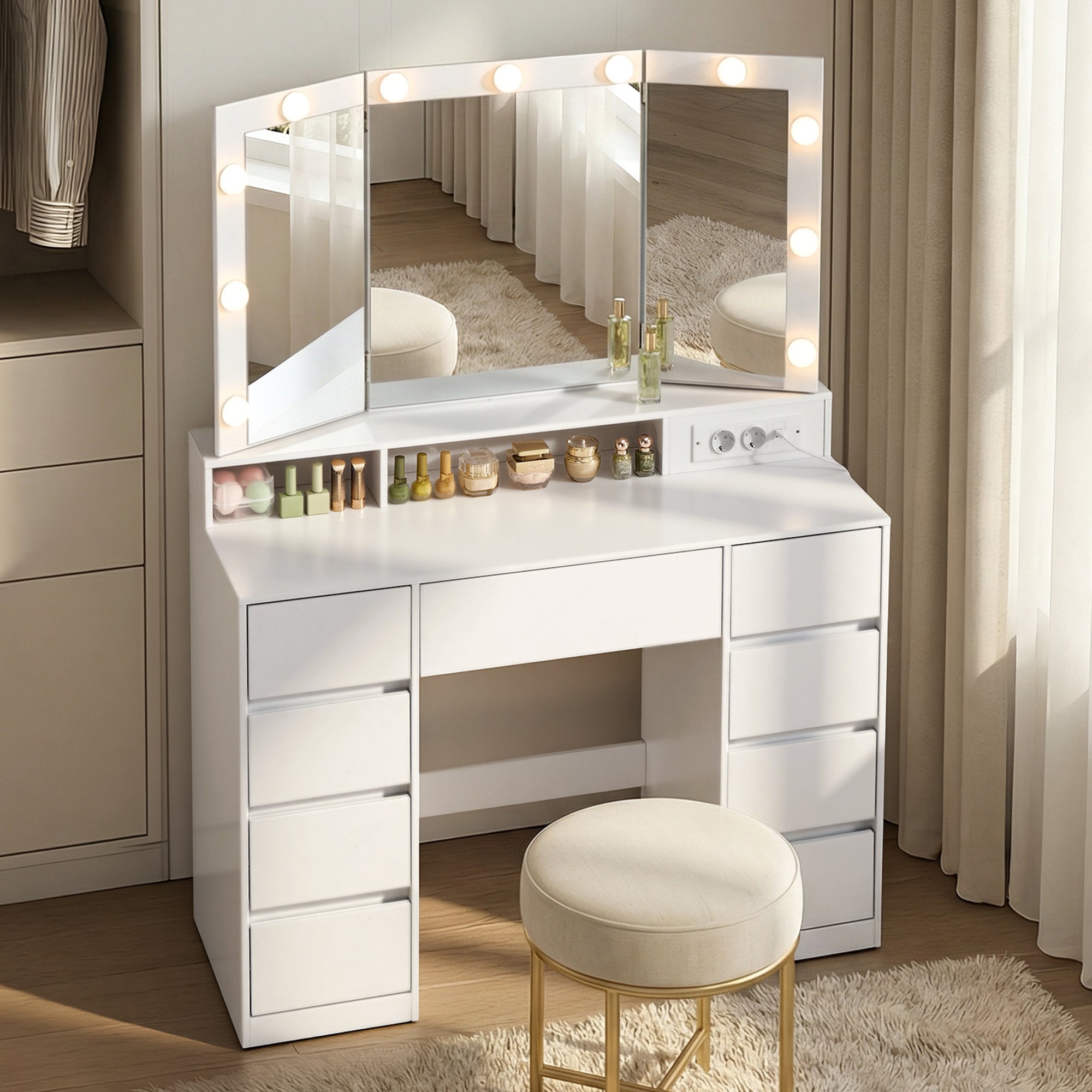 Table de Maquillage avec 9 Tiroirs, Miroir Triple Pliable, Éclairage LED 3 Couleurs, Chambre, Multiprise Intégrée, Blanc - 3