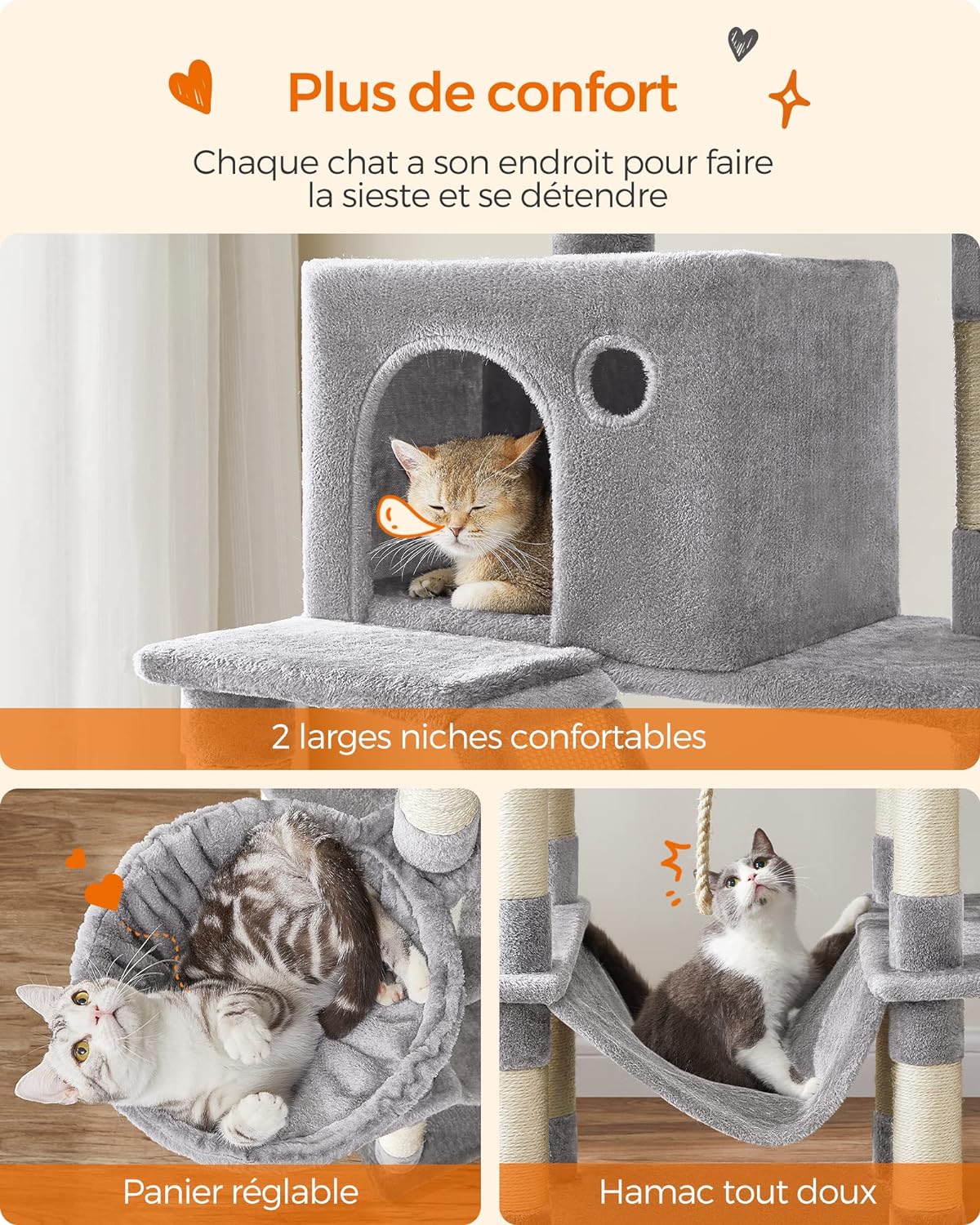 Grand Arbre À Chat, Tour De Jeu 206 Cm, Gris Clair - 4