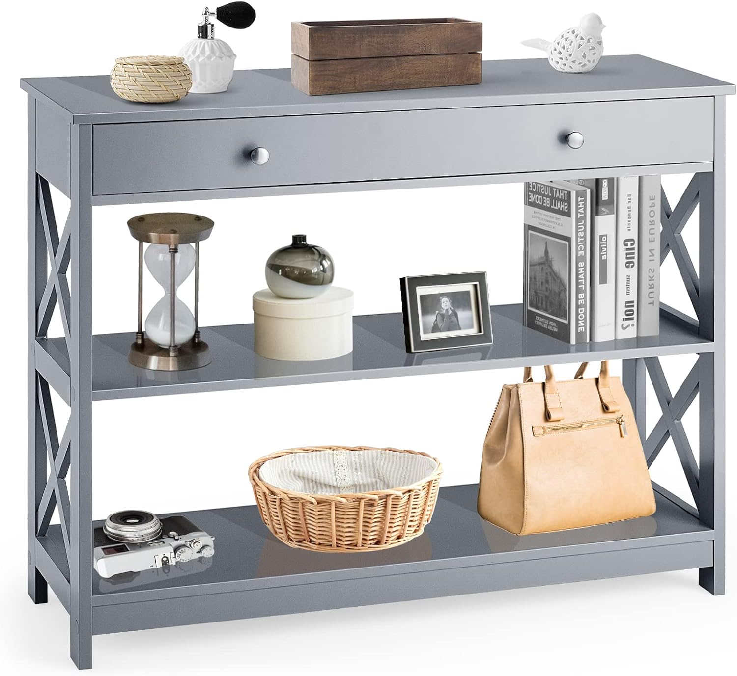 Stolik Konsolowy 3-Poziomowy, Designerski i Nowoczesny, Stolik Pomocniczy z 2 Półkami i Szufladami, Szary