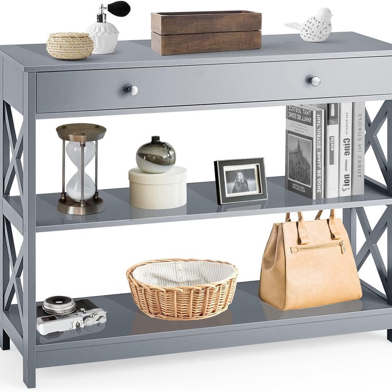 Stolik Konsolowy 3-Poziomowy, Designerski i Nowoczesny, Stolik Pomocniczy z 2 Półkami i Szufladami, Szary