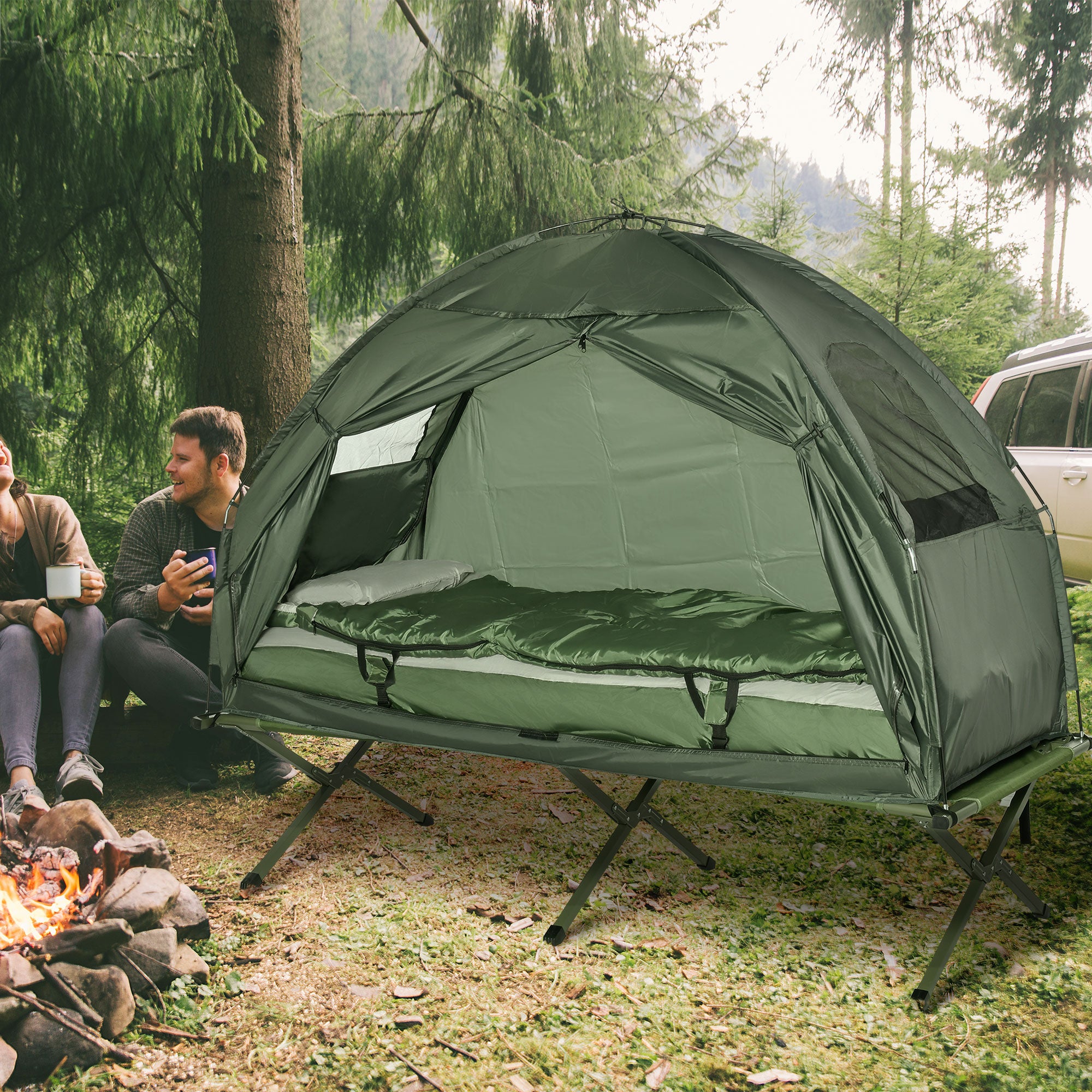 Ensemble tente de camping avec lit de camp, et matelas, vert foncé - 4