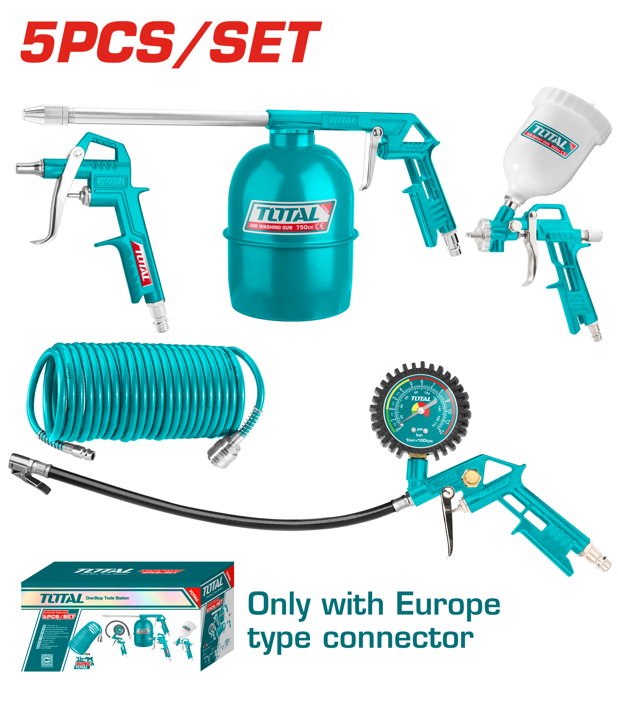 Kit pentru vopsit TOTAL 5 piese, cu pistol vopsit, pistol suflare, pistol spalare, pistol umflat roti si furtun spiralat 4 m