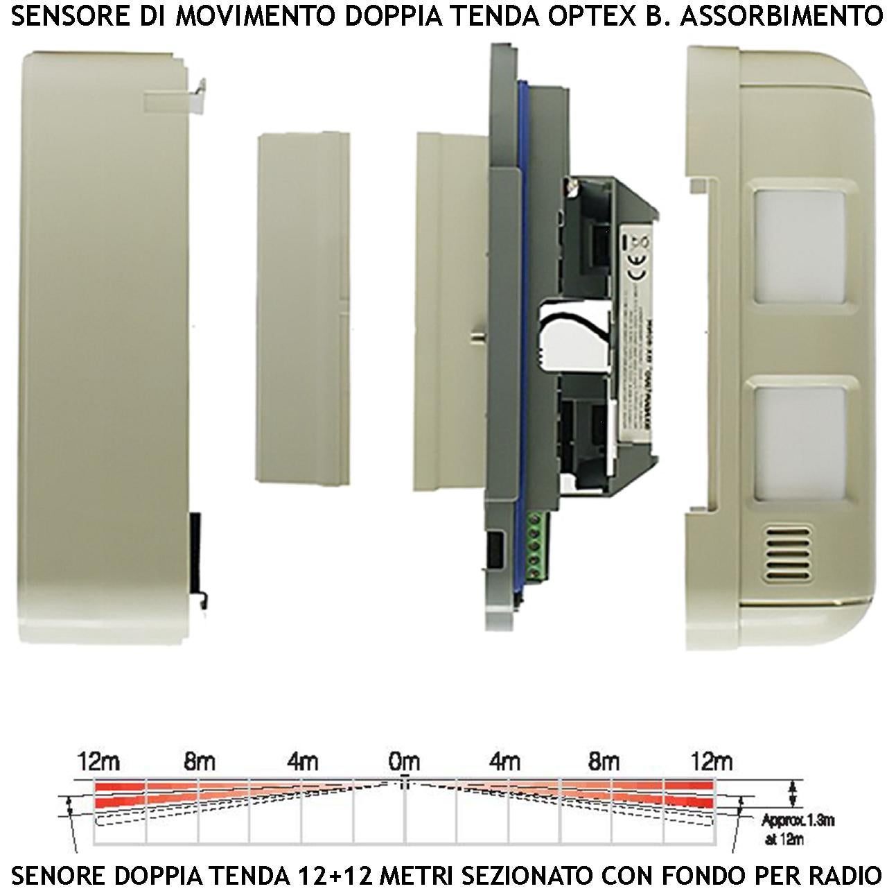 Rilevatore di Movimento 2 Pezzi Doppio Sensore Infrarosso a Tenda da Esterno 12+12 Metri Lineari IP55 Frequenza 868 MHz Bidirezionale Codice UNISAT Pr - 3